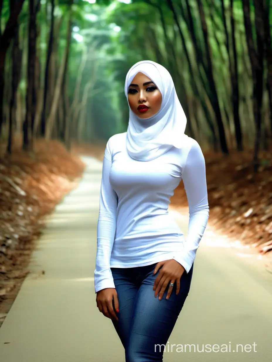 Wanita Indonesia berhijab, berbibir tebal,dan sexy. Tubuh berisi, Riasan wajah medok dan tebal.
Memakai kaus ketat putih, jeans ketat dan wedges heel. Berdiri menungging di jalanan hutan berpasir.