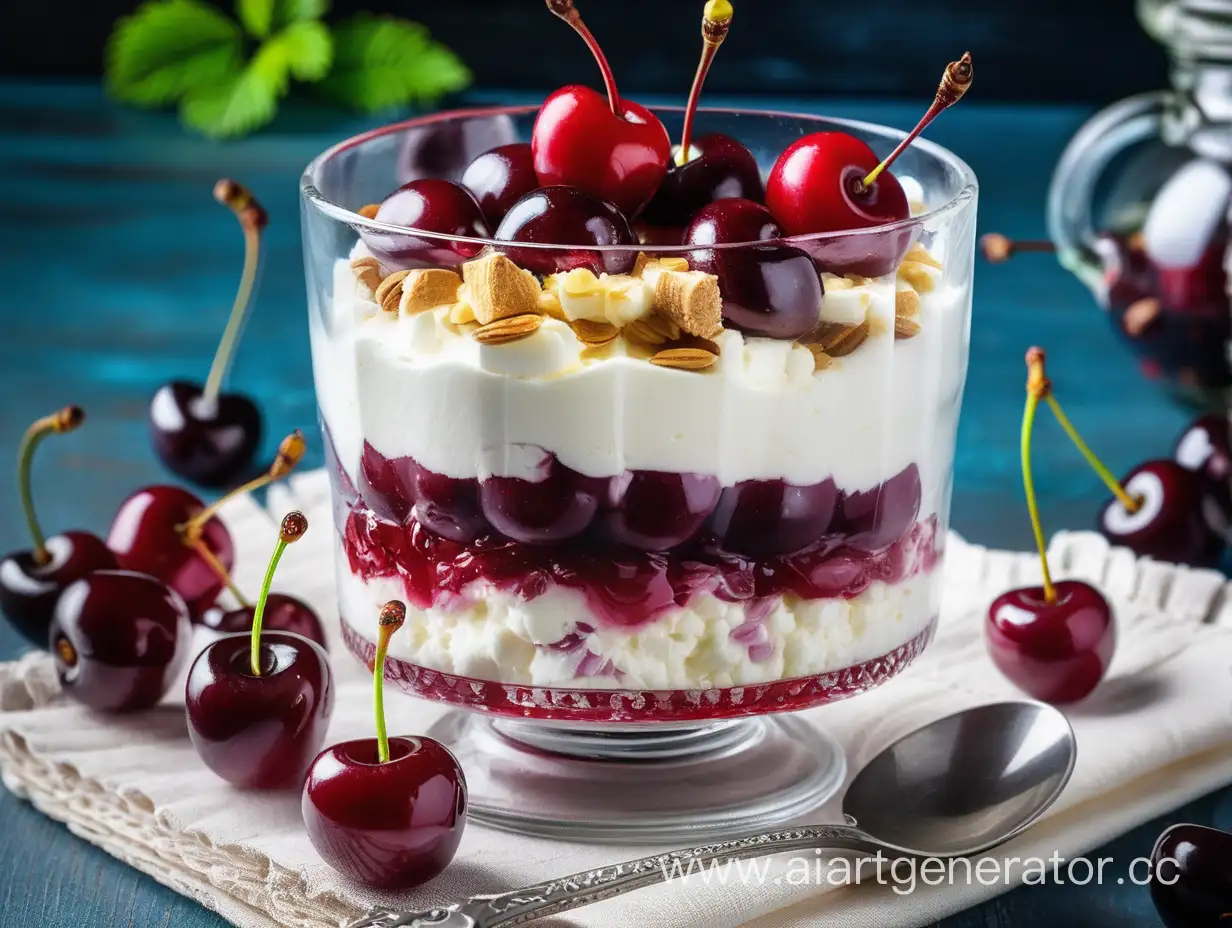 layered cottage cheese dessert with cherries in glass