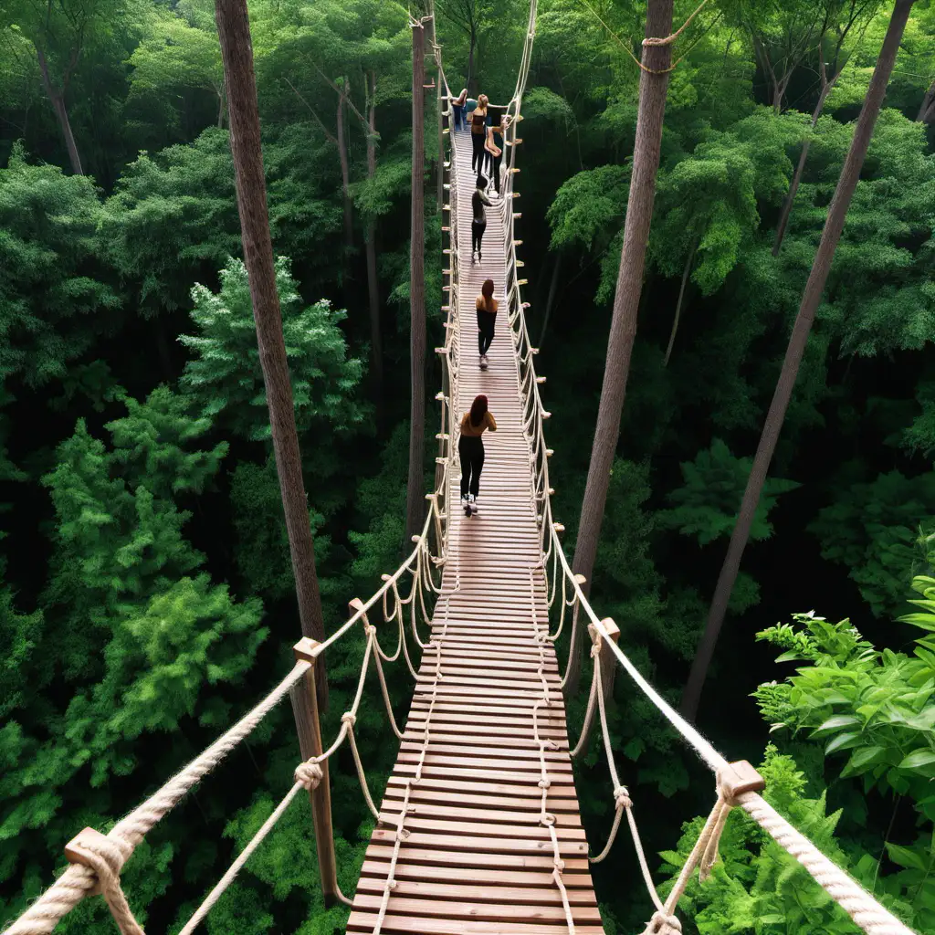 pretty men and women, treetop wooden platform, rope ladder, ropes, rope bridge, forest, day