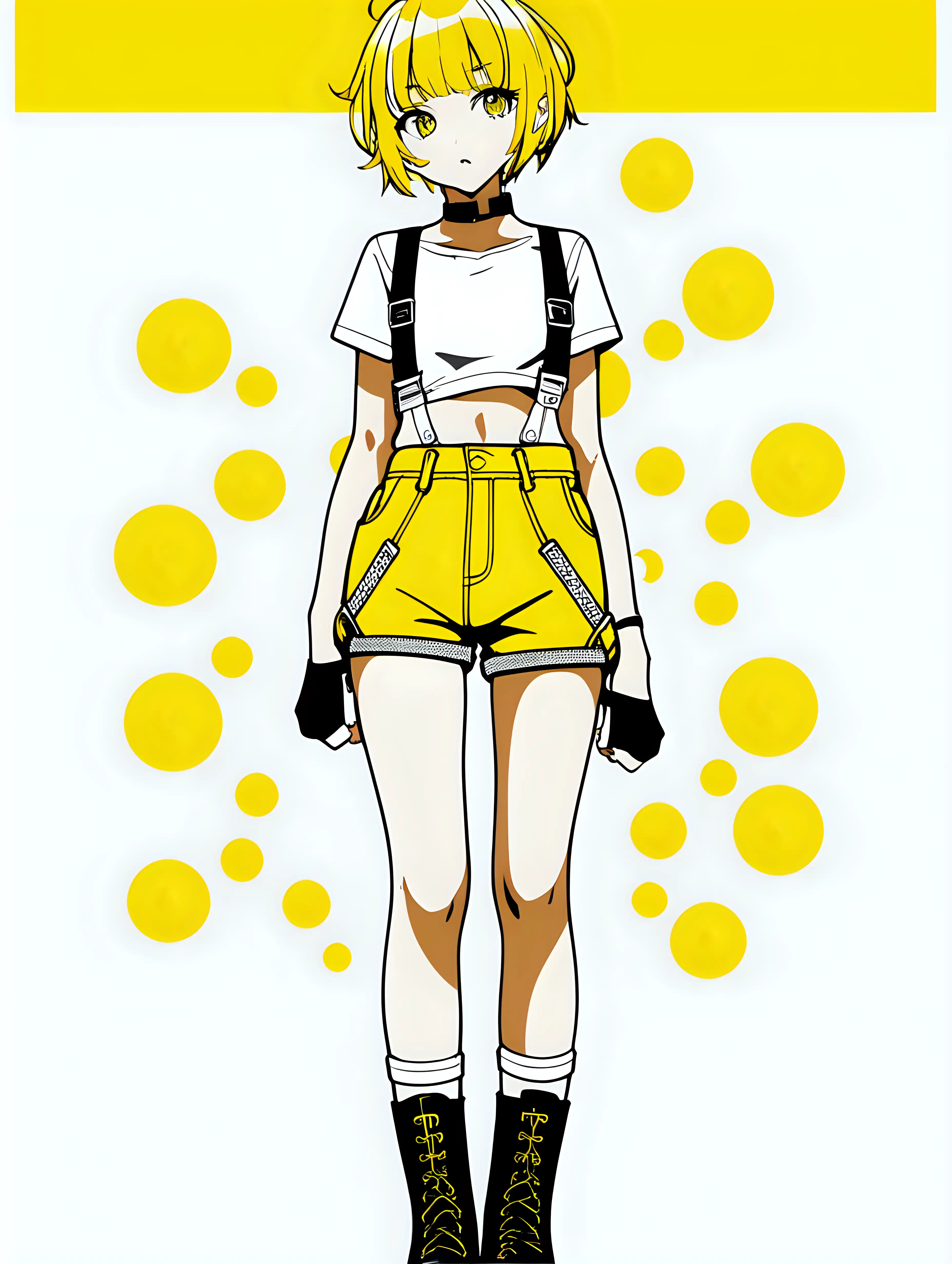 anime girl short tshirt toned 6 pack midriff wearing suspenders short yellow hair full body black boots white background posterized halftone yellow black white 3 color minimal design