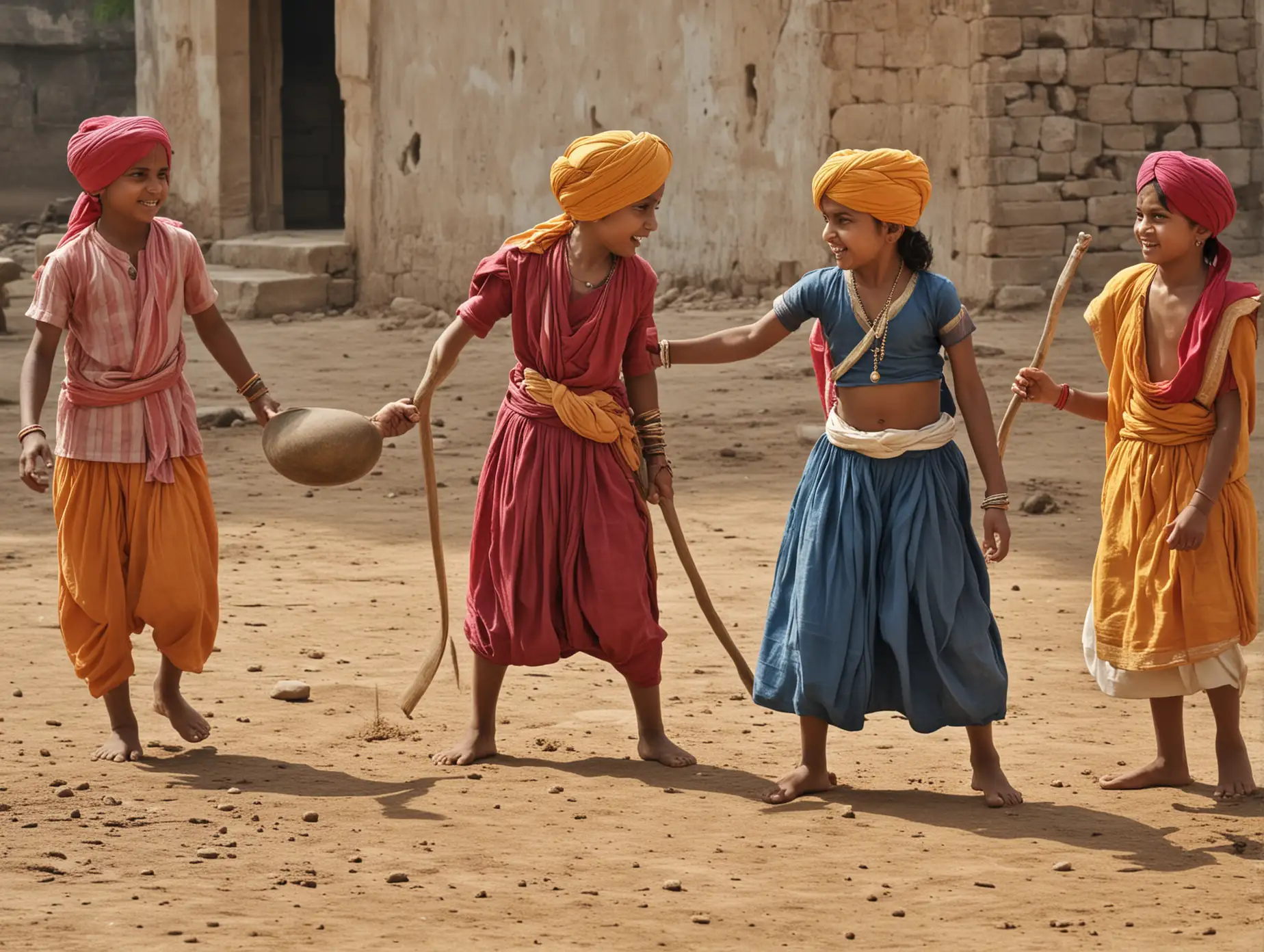 young sikh children playing. set 300 years ago in India. Girls and boys. 