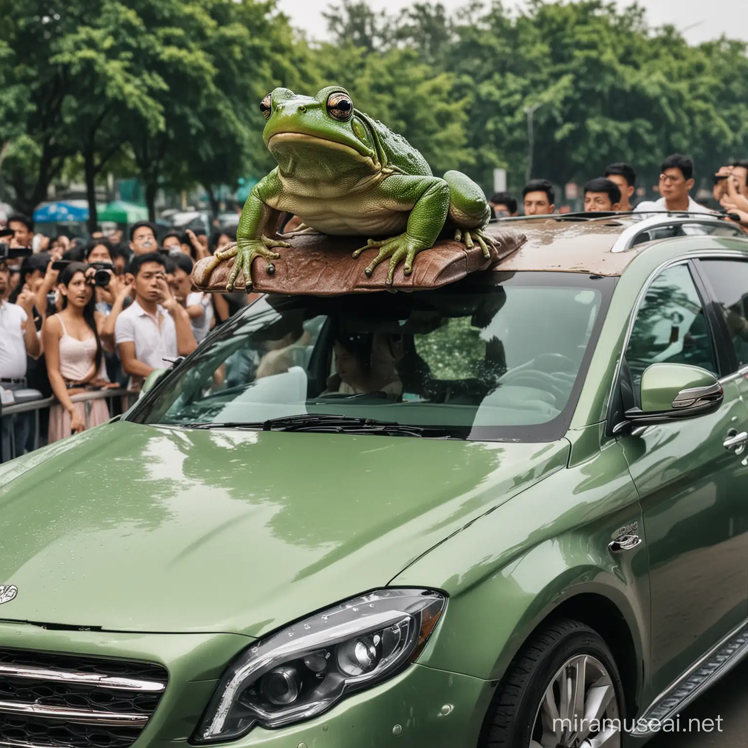 a huge frog sitting on the top of luxury car, and peoples looks terrified, by looking it.