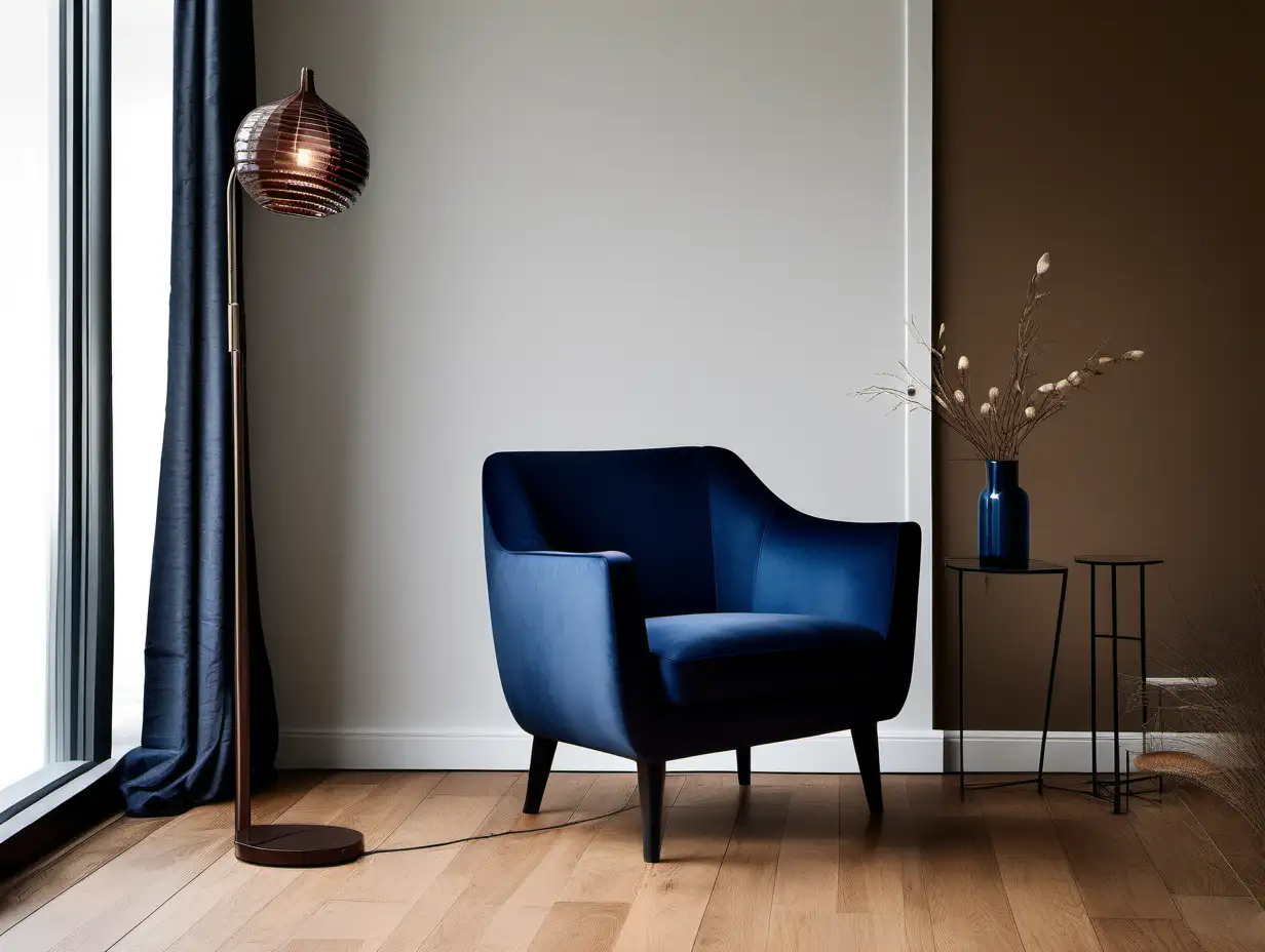 Commercial Photography, modern minimalist living room interior with  deep blue chair and brown floor lamp.