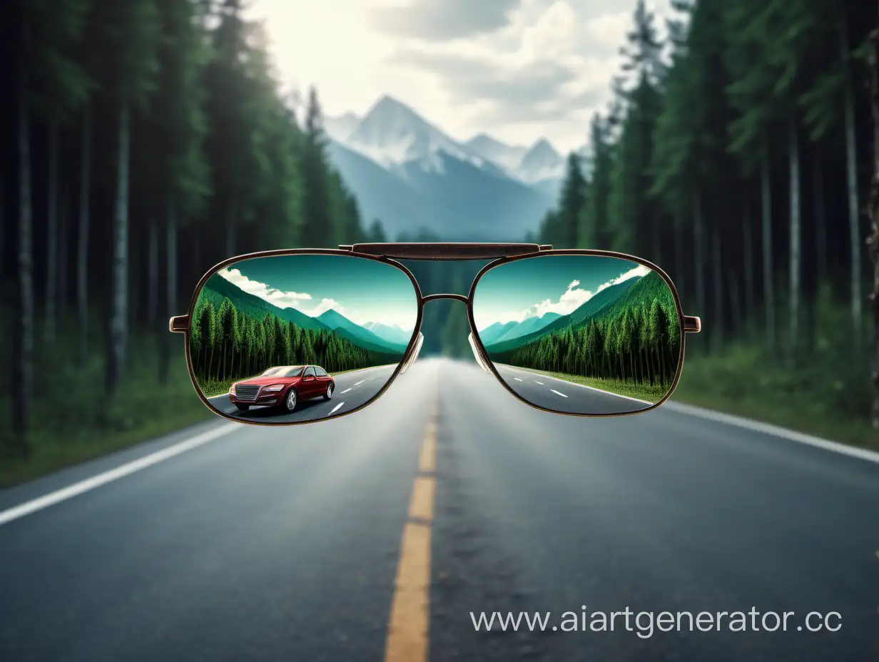 The glasses reflect the car, the road, the mountains, the forest, nature. The car is coming. 