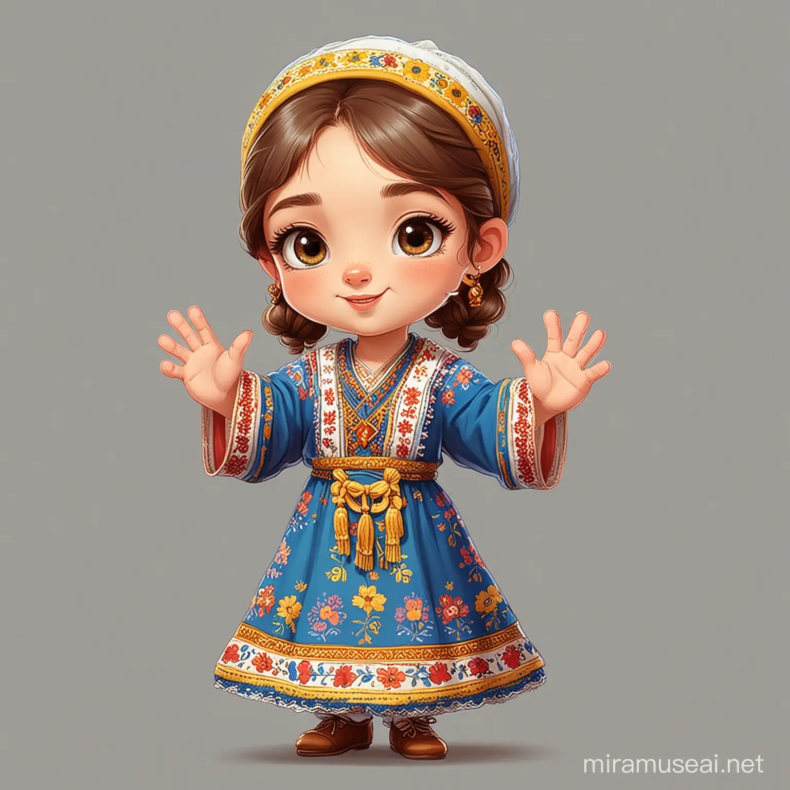 Cute cartoon girl in ukrainian etnick clothes waves his hand to say hello