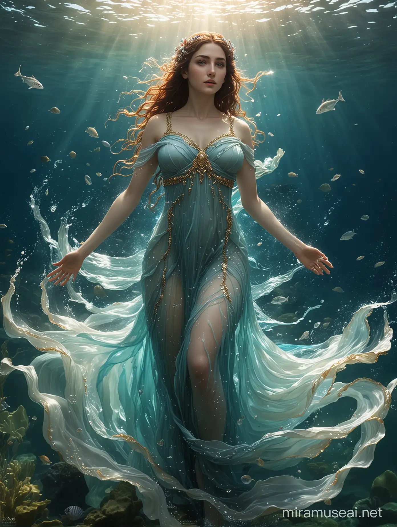 A masterpieced of Kimiya Hosseini as Leucothea, Greek goddess of the sea. She is under the sea, and her Greek dress flows ethereally in the water until it mixes with the water until it disappears. She has has blue eyes.
