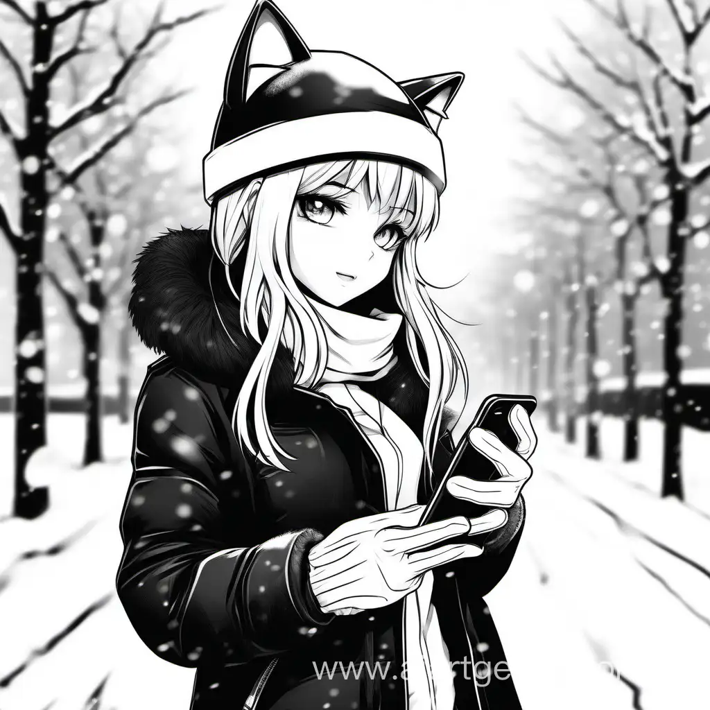 Blonde-Girl-in-Cat-Paw-Gloves-Checking-Phone-in-Winter-Scene