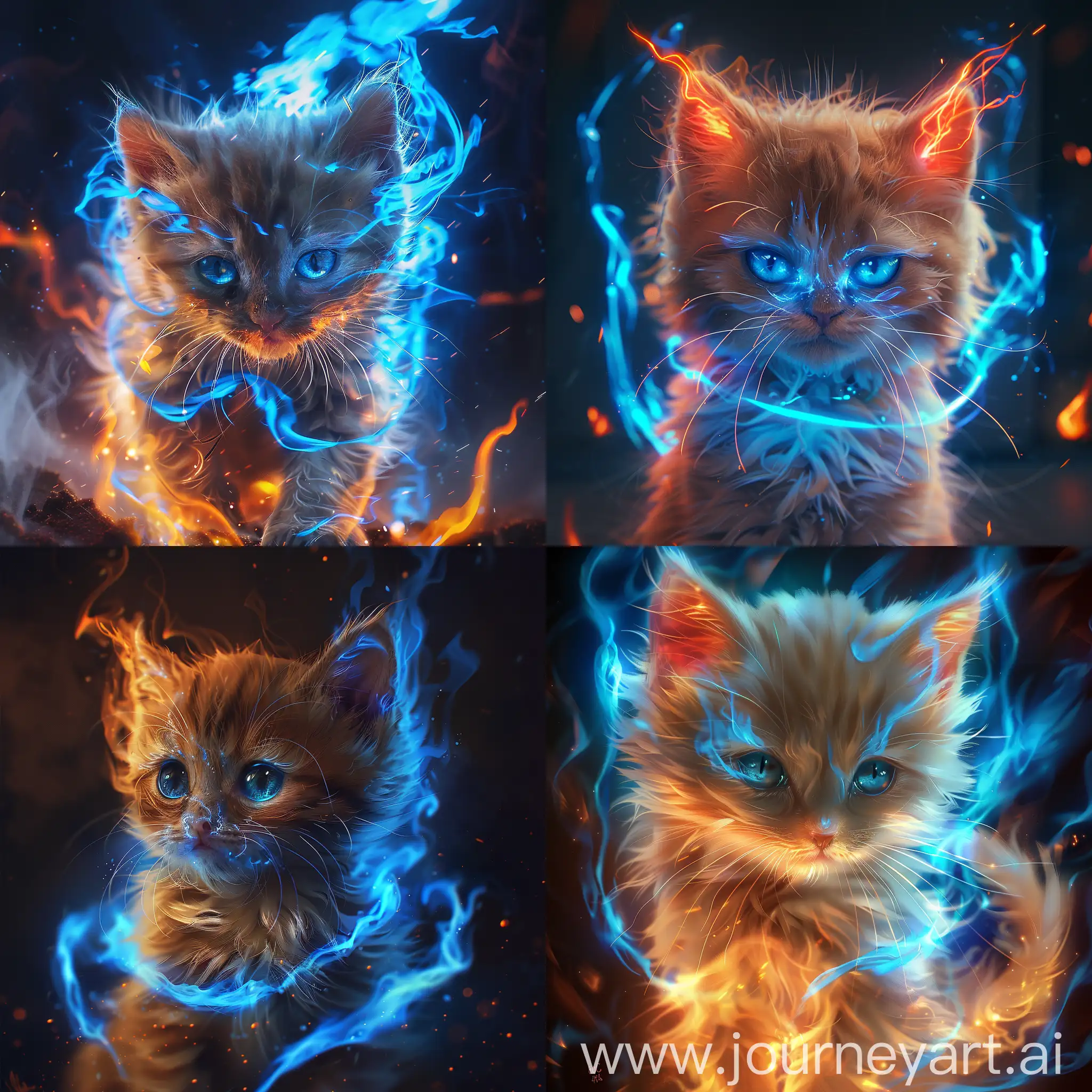 cute fire kitten
 with blue trails behind it 
 with glowing eyes
, hyper realistic anime, anime style 4 k, fierce expression 4k, photorealistic anime, realistic anime 3 d style, 4k highly detailed digital art, ultra detailed portrait, 8k high quality detailed art, anime highly detailed