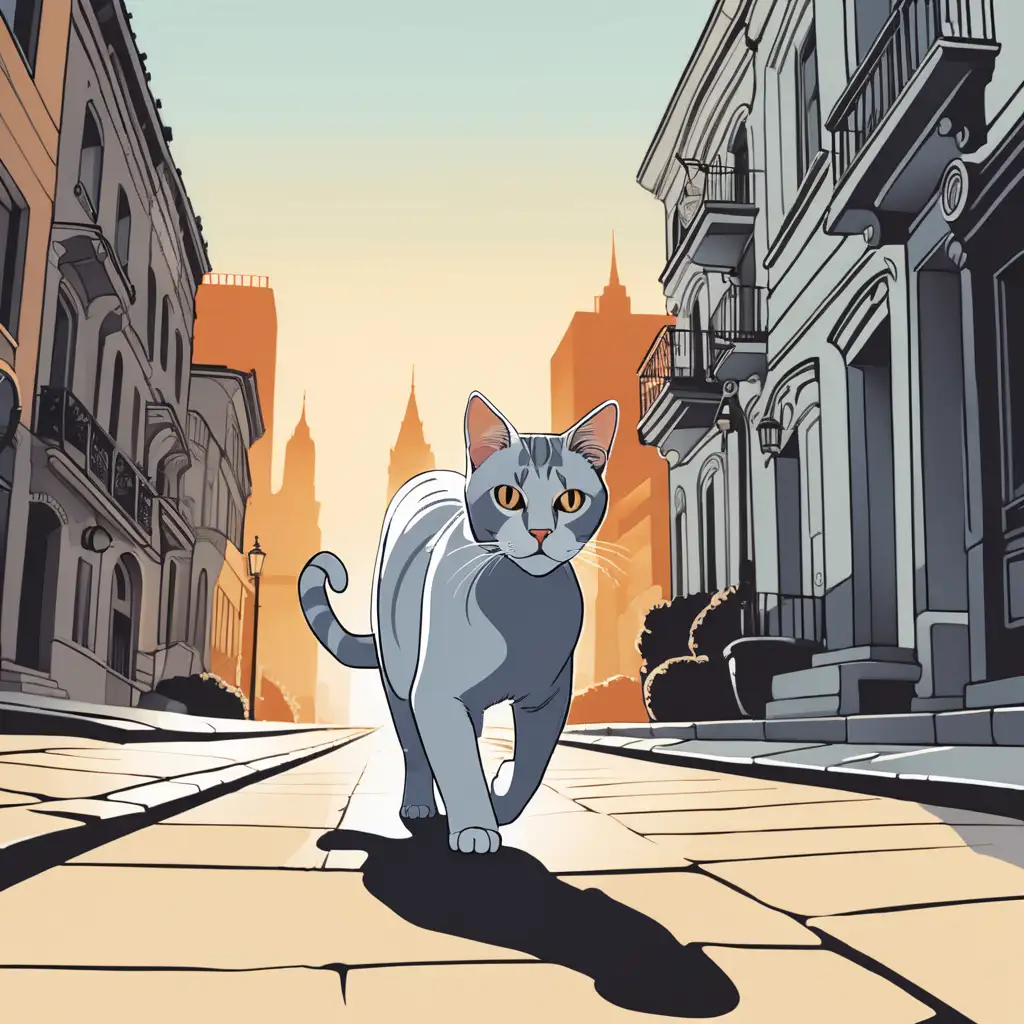 cat walking down street, low perspective, city in the background, vector