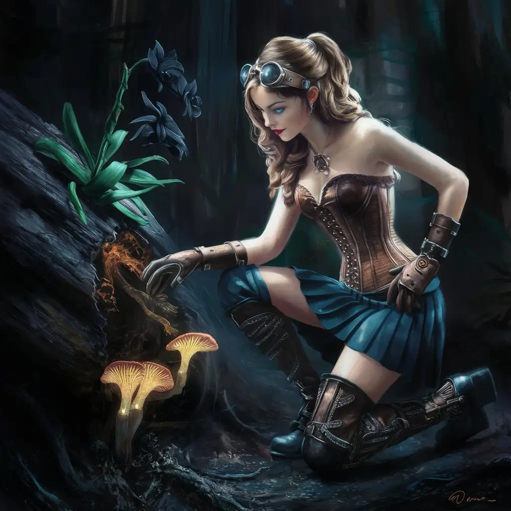 A steampunk explorer lady wearing skirt, corset and high boots, in a forest, looking under a dark log where a glowing fungus has a black orchid growing on it