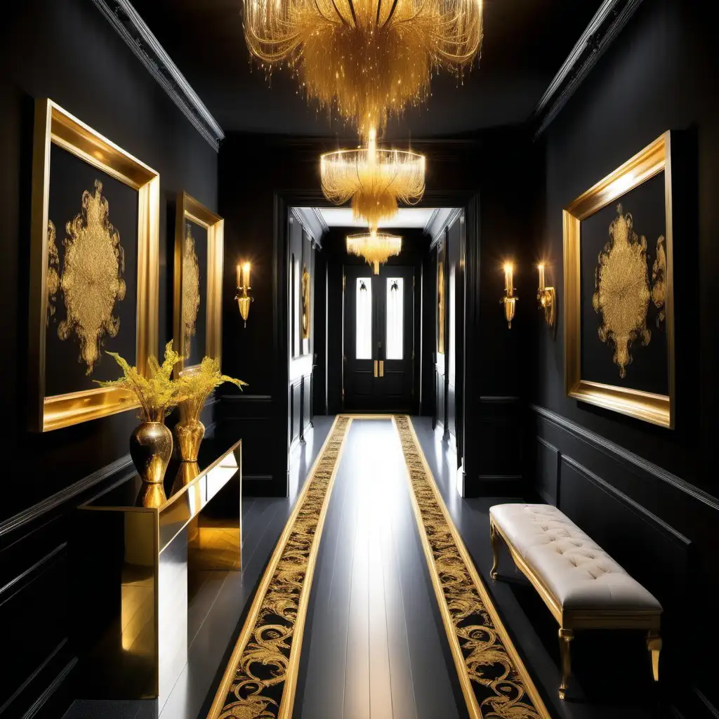 Luxurious Gold and Black Hallway with Majestic Ambiance