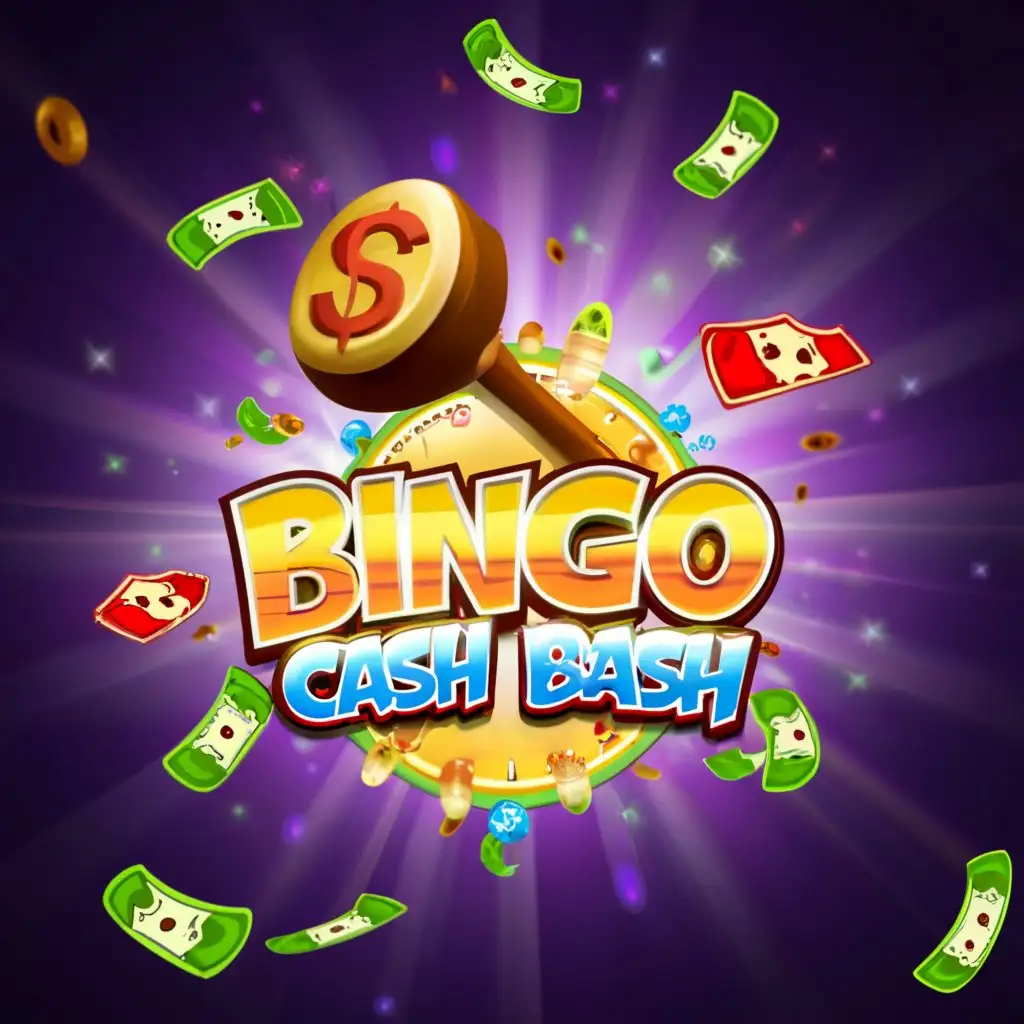 a logo design,with the text "Bingo Cash Bash", main symbol:our gaming app. We imagine a 3D-rendered mallet with a cash/money symbol on the side smashing a bingo ball and cash bursting out around or near the ball.,Moderate,clear background