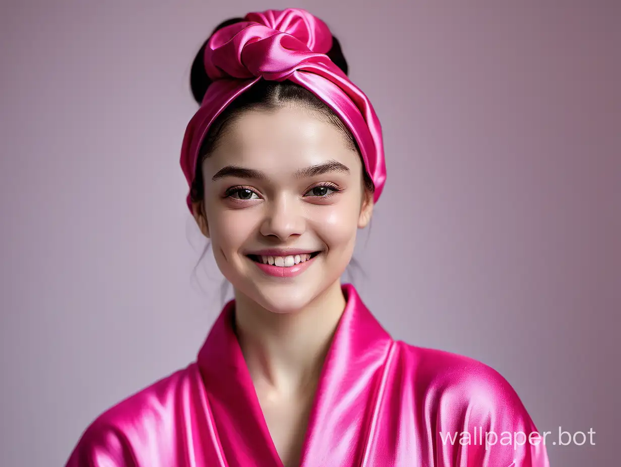 Evgenia Medvedeva smiles with long, straight, silky hair in a luxurious, delicate, silk robe of pink fuchsia with a pink silk towel-turban on her head