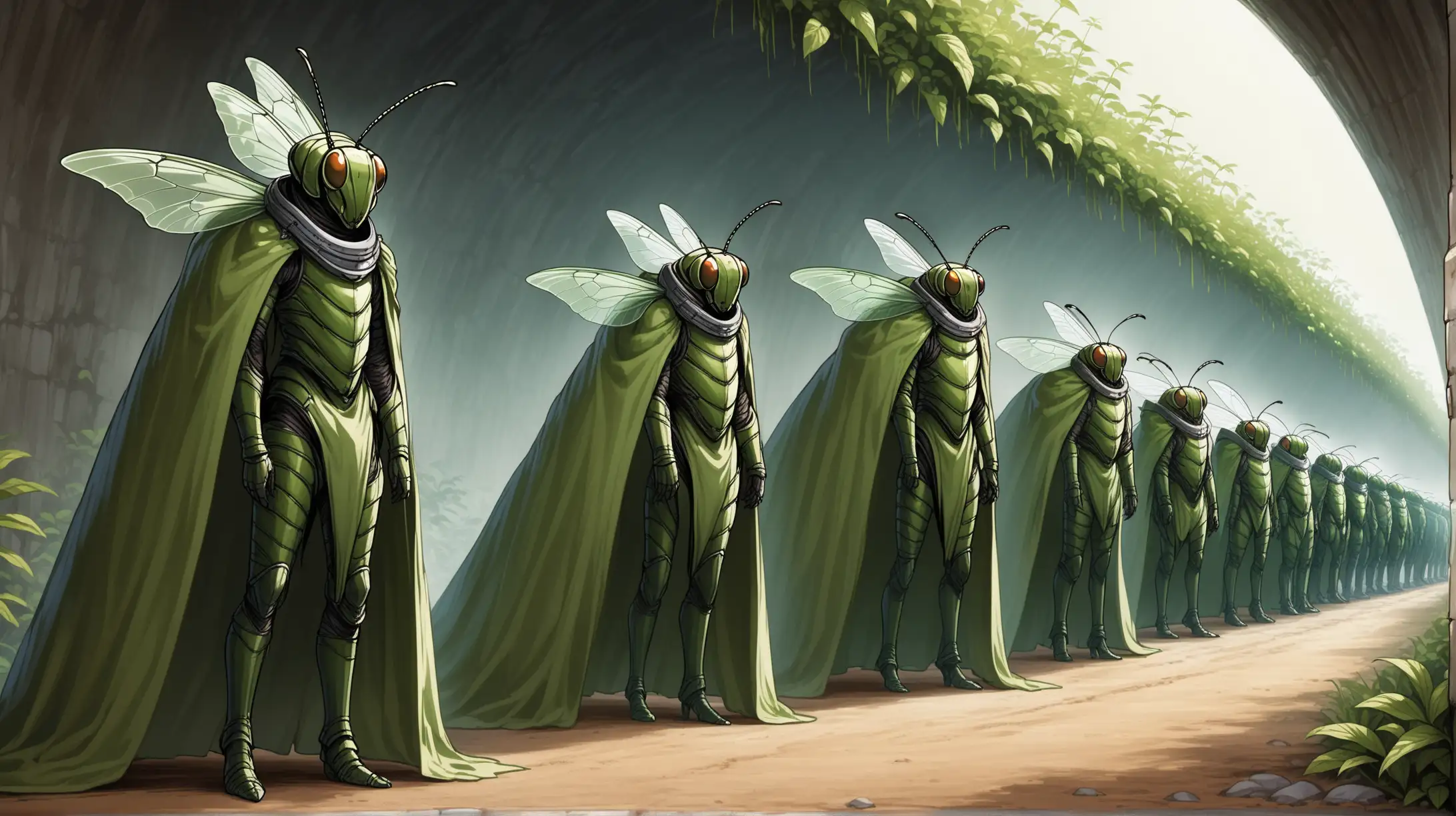 line-up of male and female humanoid insect people, colony tunnels, Medieval fantasy