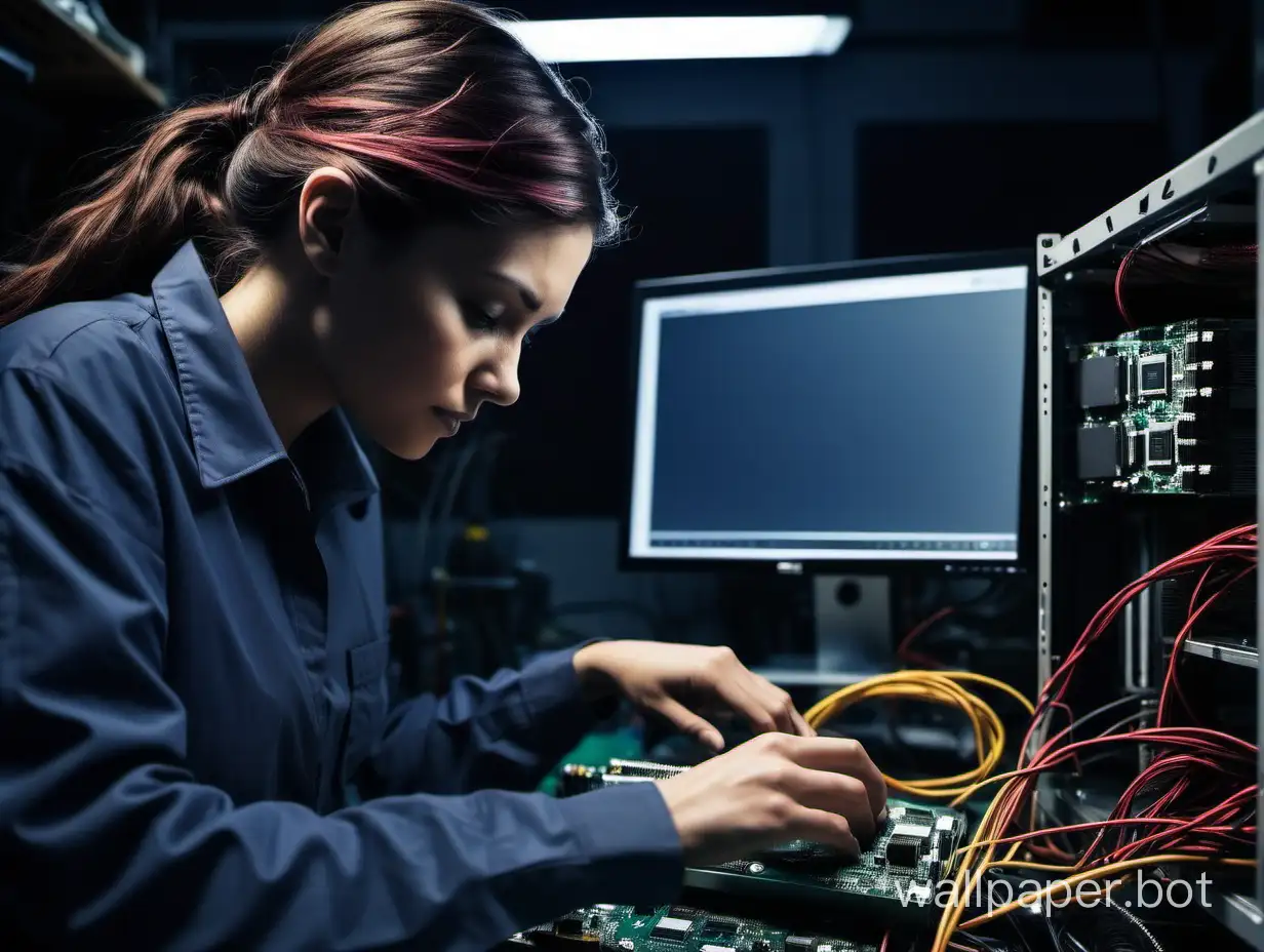 Female computer technician fixing a computer in her workshop, close up view, dark office environment
