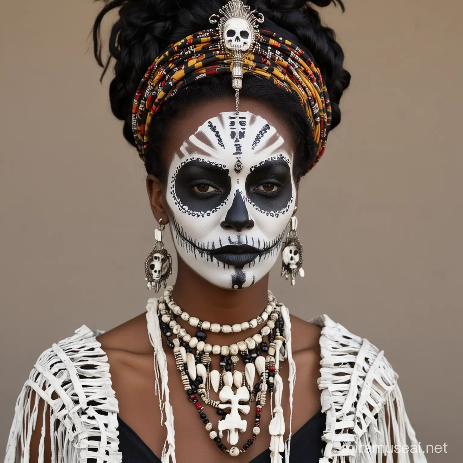 creole voodoo queen, bone necklace, black/white skeleton face paint, african clothes