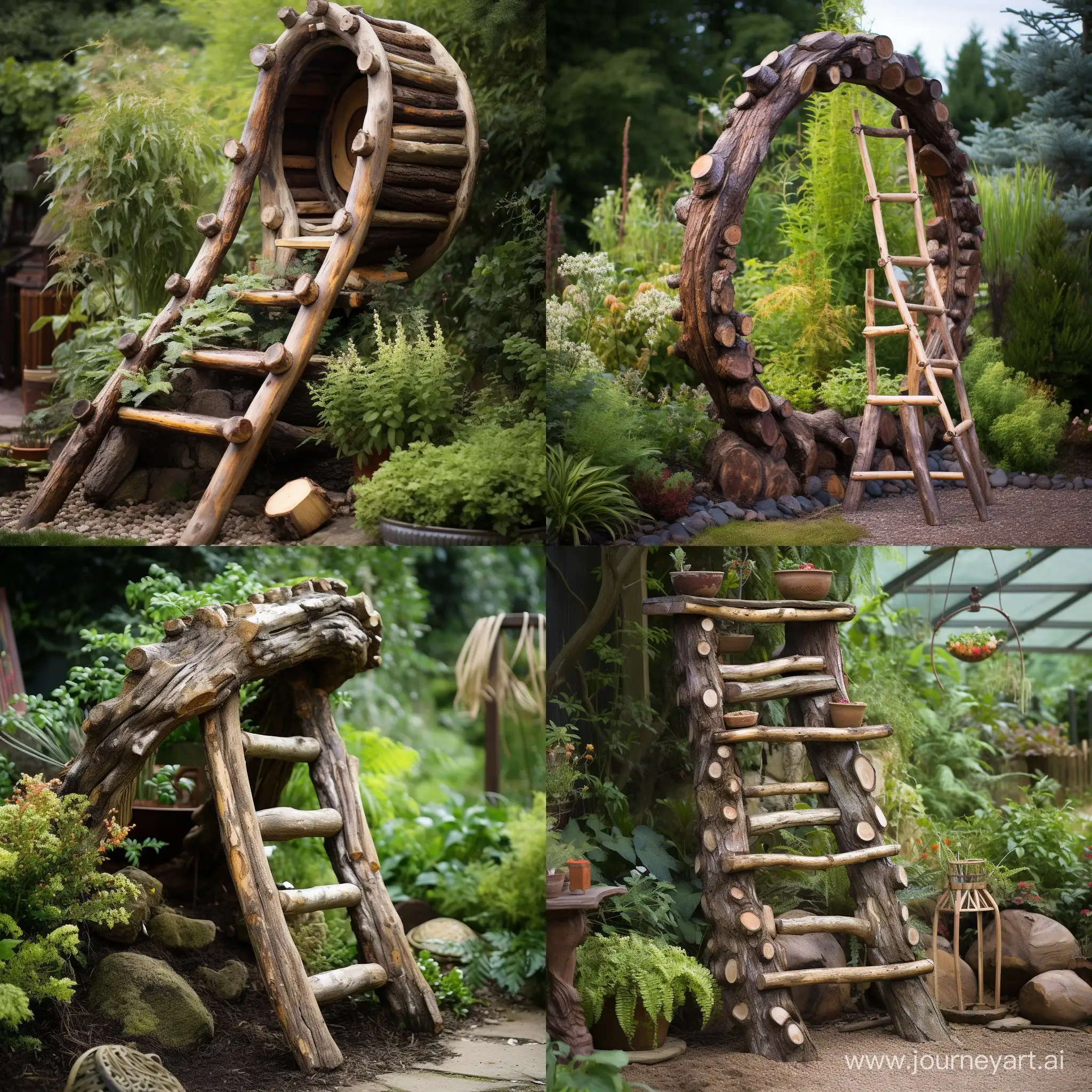 Unique-Rotating-Garden-Ladder-Crafted-from-BarkPatterned-Logs