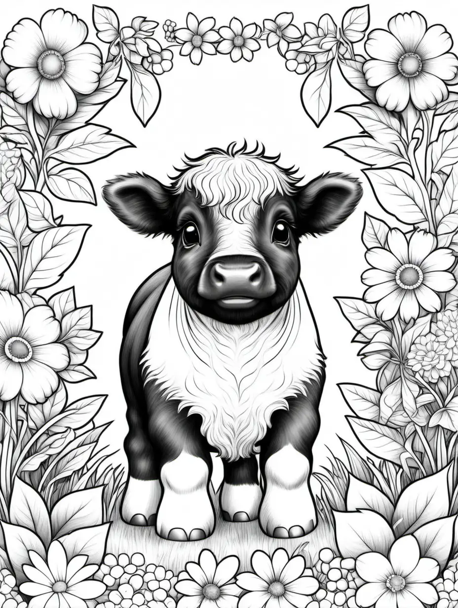 coloring book, no color, no shading,  flower background, cute baby belted galloway