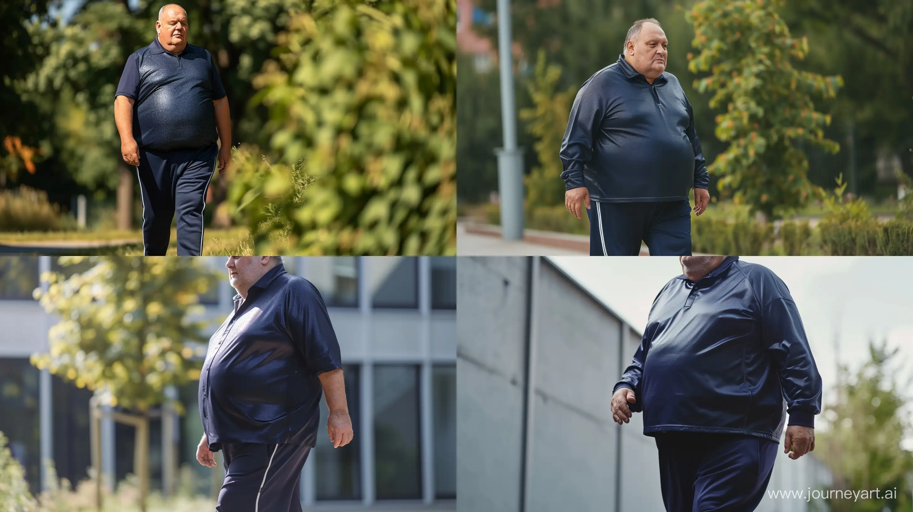 Full body left view of a chubby man aged 70 wearing a slightly shiny navy sport shirt and tracksuit pants walking. Outside. --style raw --ar 16:9 --v 6