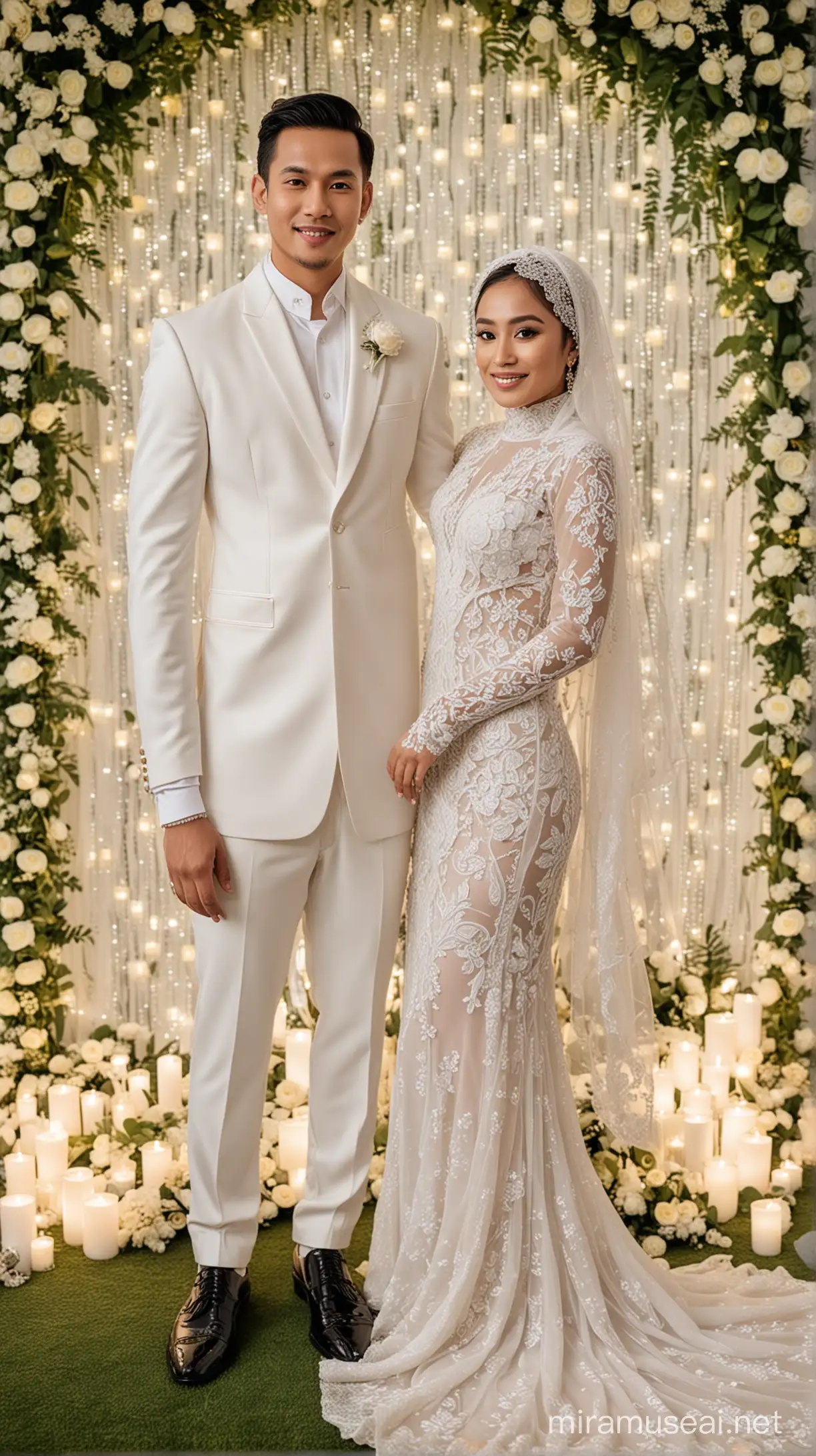 Luxurious Muslim Wedding Intimate Pose of Groom and Bride in Elegant Attire
