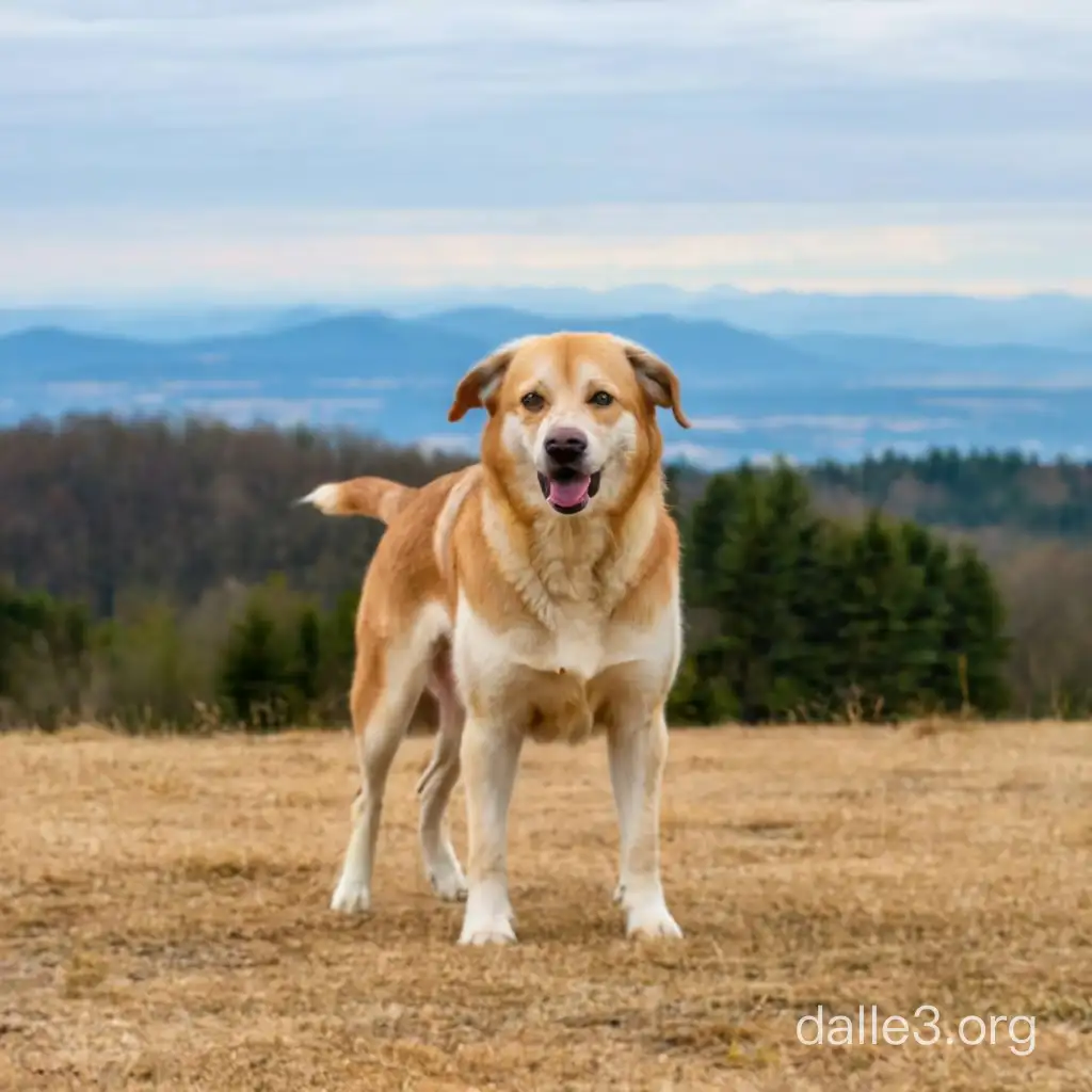 slightly yellow and brown happy dog with yellow golden eyes, mixed breed with white belly, short hair, araund 60 centimetters tall, looking very proud. He is in meadow and around is slovenian Pohor hills with admiringly panoramic wiew