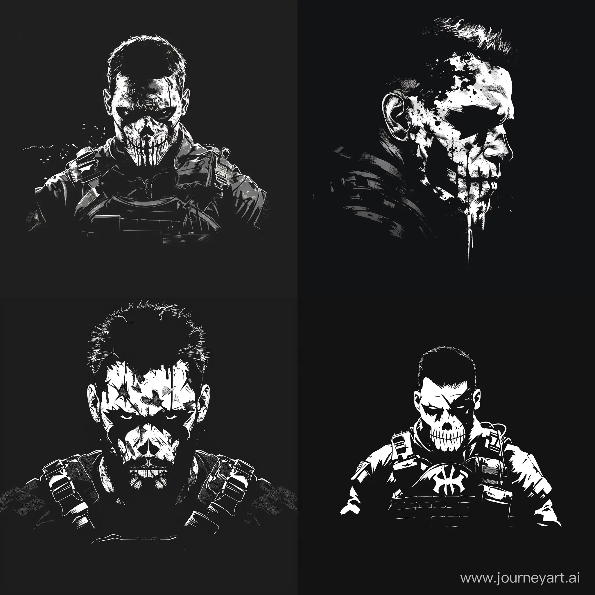 Minimalistic-Logo-Man-with-Crudely-Painted-Punisher-War-Paint-Skull-and-Military-Equipment-on-Black-Background