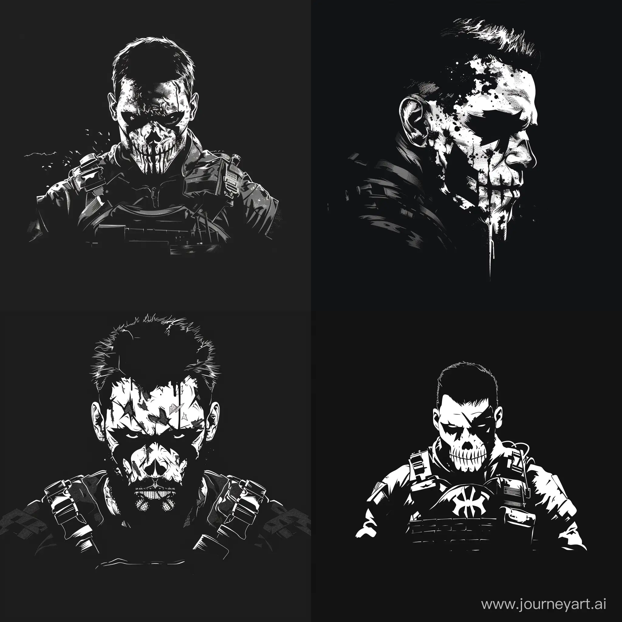 logo, minimalistic, man, crudely painted skull of punisher war paint, military equipment, black and white, black background