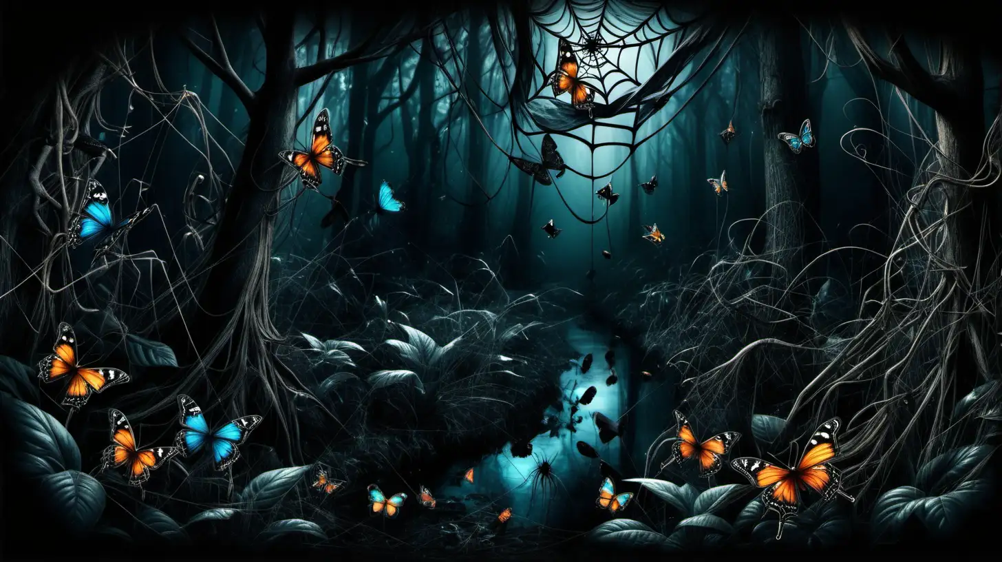 enchanted forest, spider , butterflies, dark theme