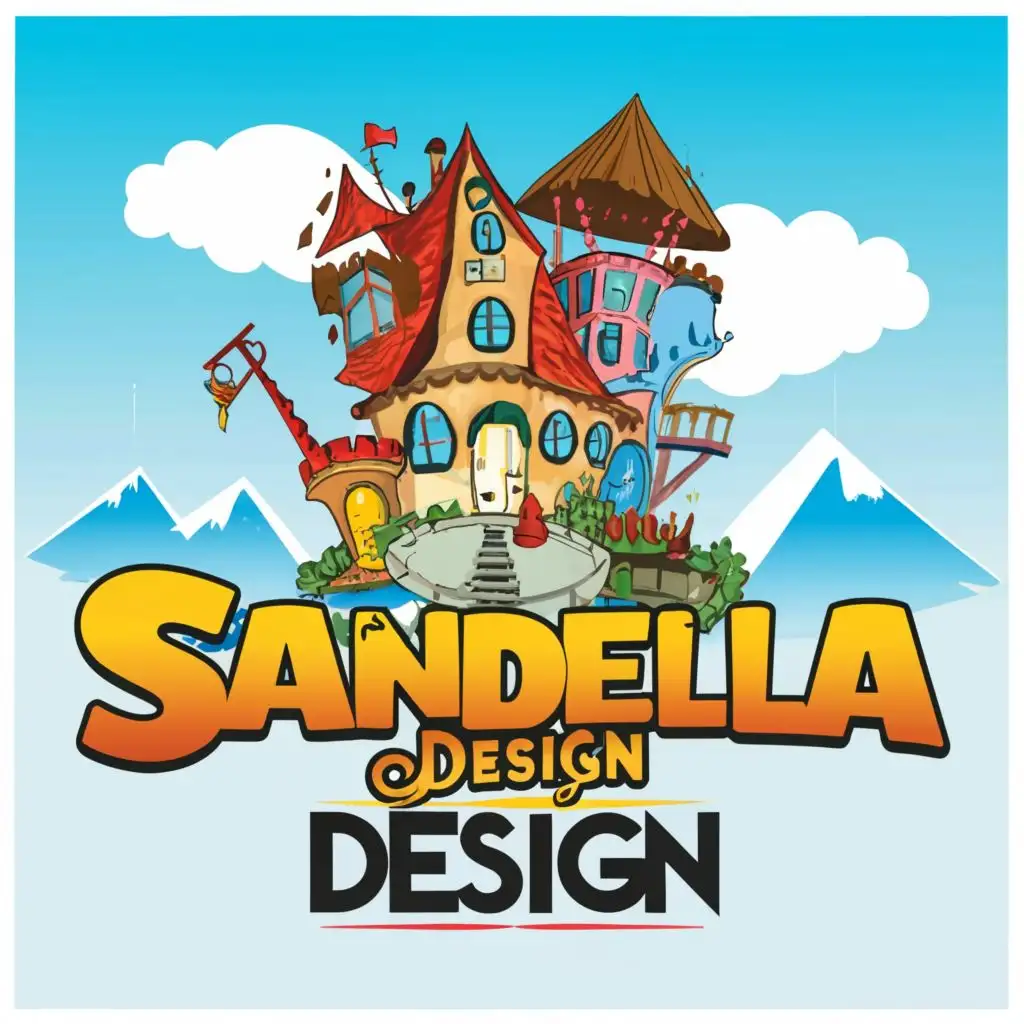 logo, Funky, Architectural, Structural, Civil, Environmental, Engineering, Dr. Suess crazy house, mountains, blue sky,, with the text "Sandella Design", typography
