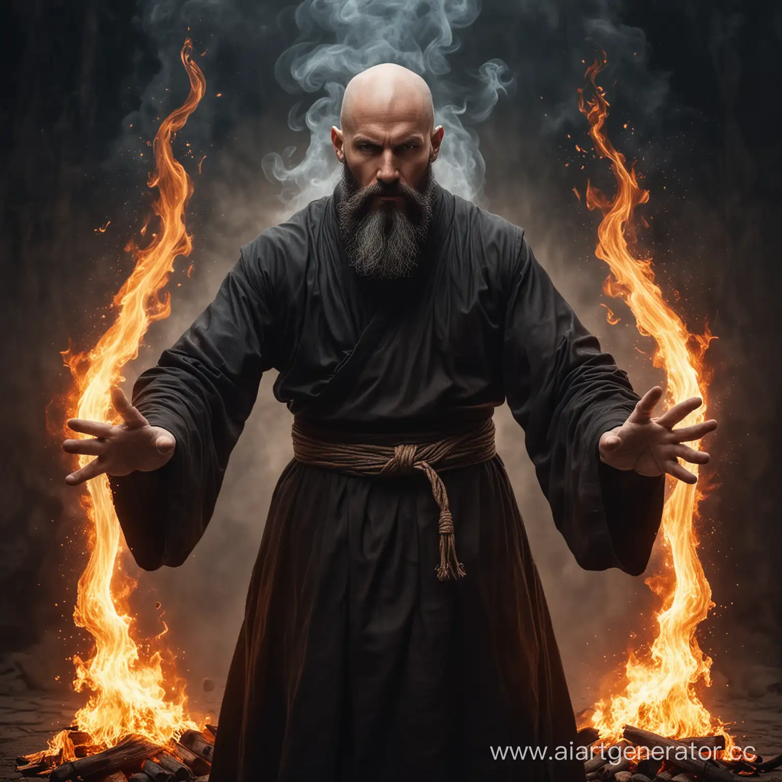 Мужчина монах лет 50, лысый с черной бородой, владеет огненой магией в руках, фэнтезийный мир