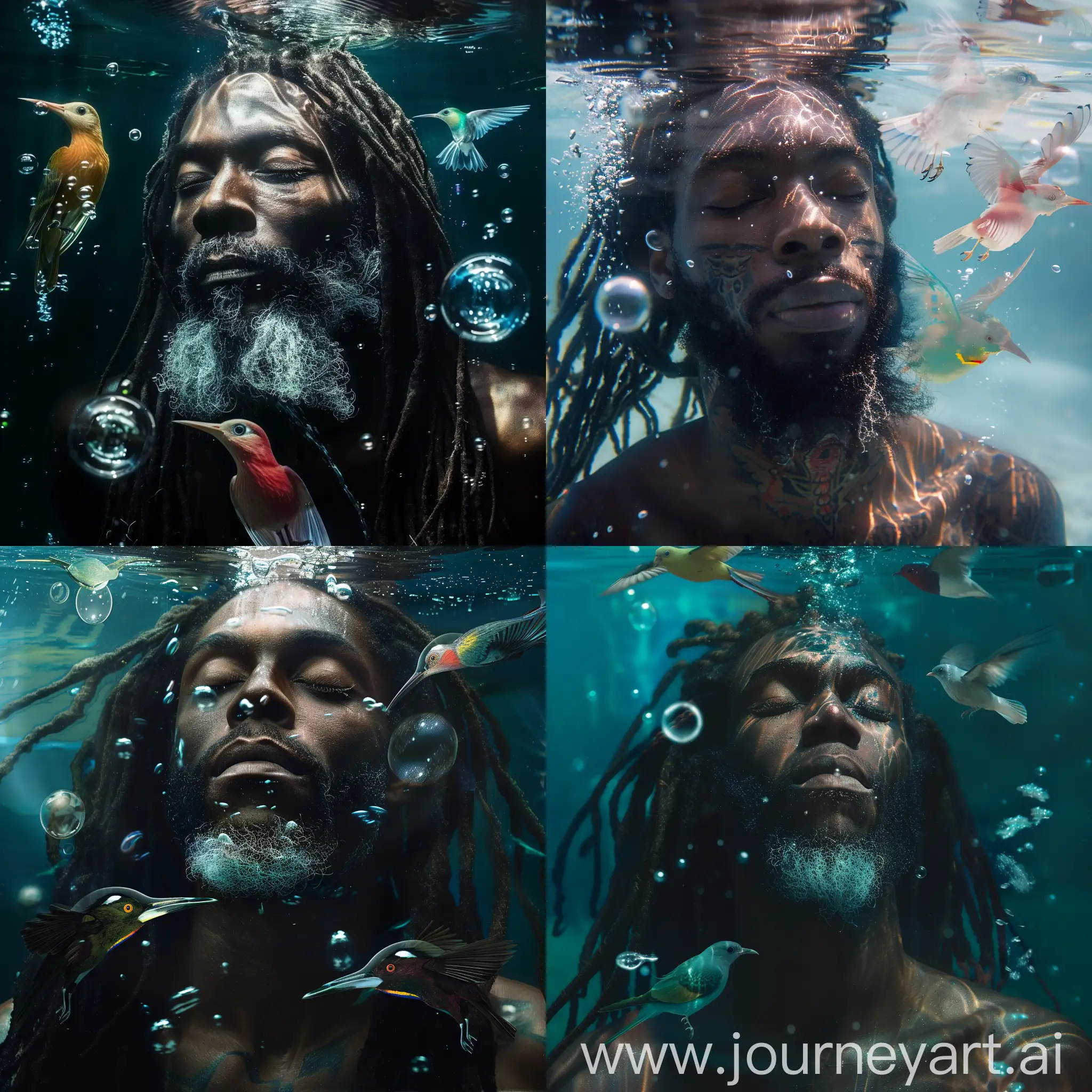 A high quality captivating single image of a black man with long dreadlock and a white beard, closed eyes underwater, very few large bubbles, and three transparent birds with different colours also underwater