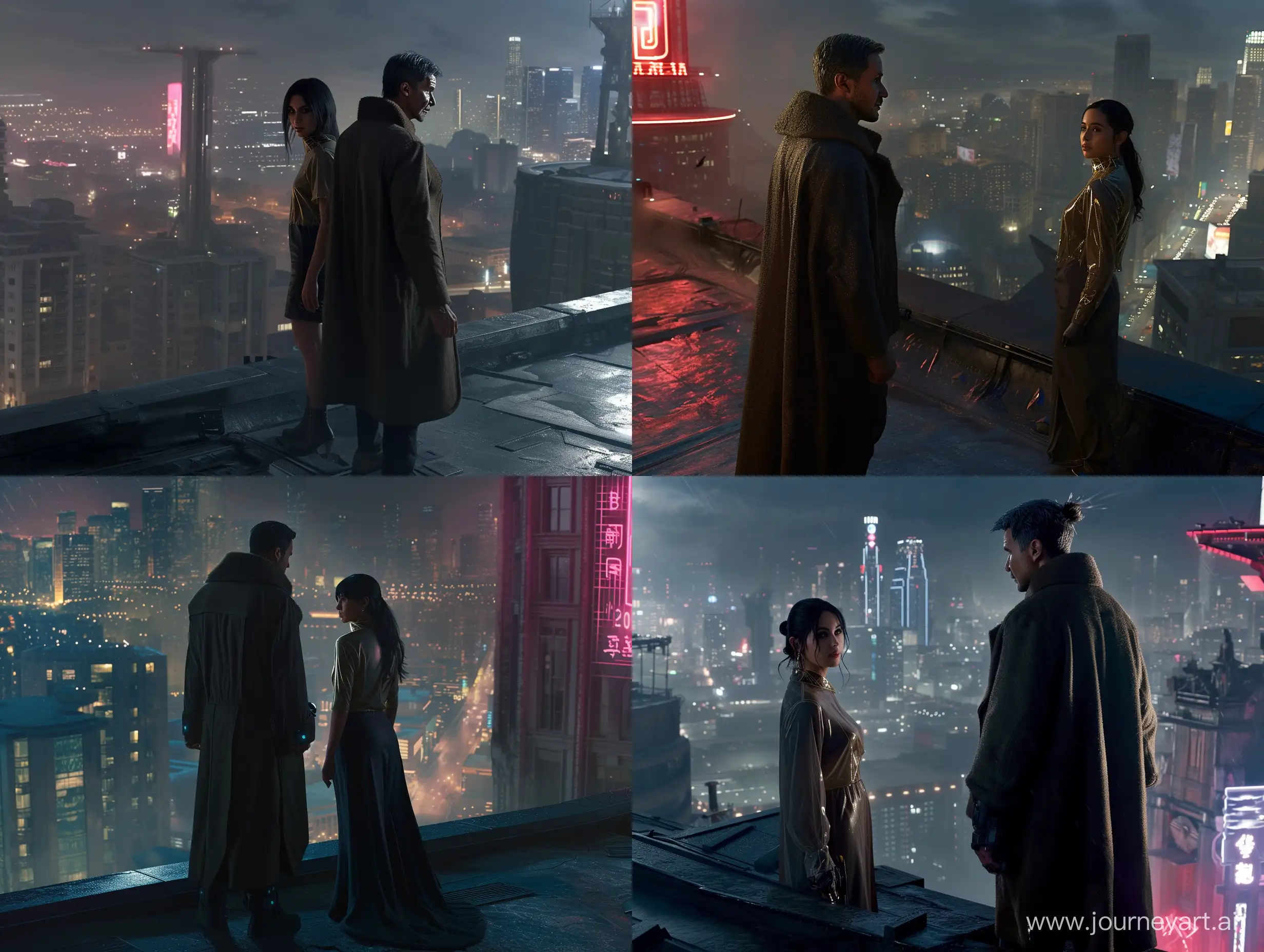 "Blade Runner 2049" is a video game set in a futuristic city in Los Angeles, featuring advanced ray tracing graphics and a third-person perspective from behind. Specifically designed for the PS5, this version follows the main character, portrayed by a male named Ryan Gosling, as he stands on the roof next to a enhanced women, delivering an expansive open-world adventure powered by the Unreal Engine, all set in a nighttime atmosphere 