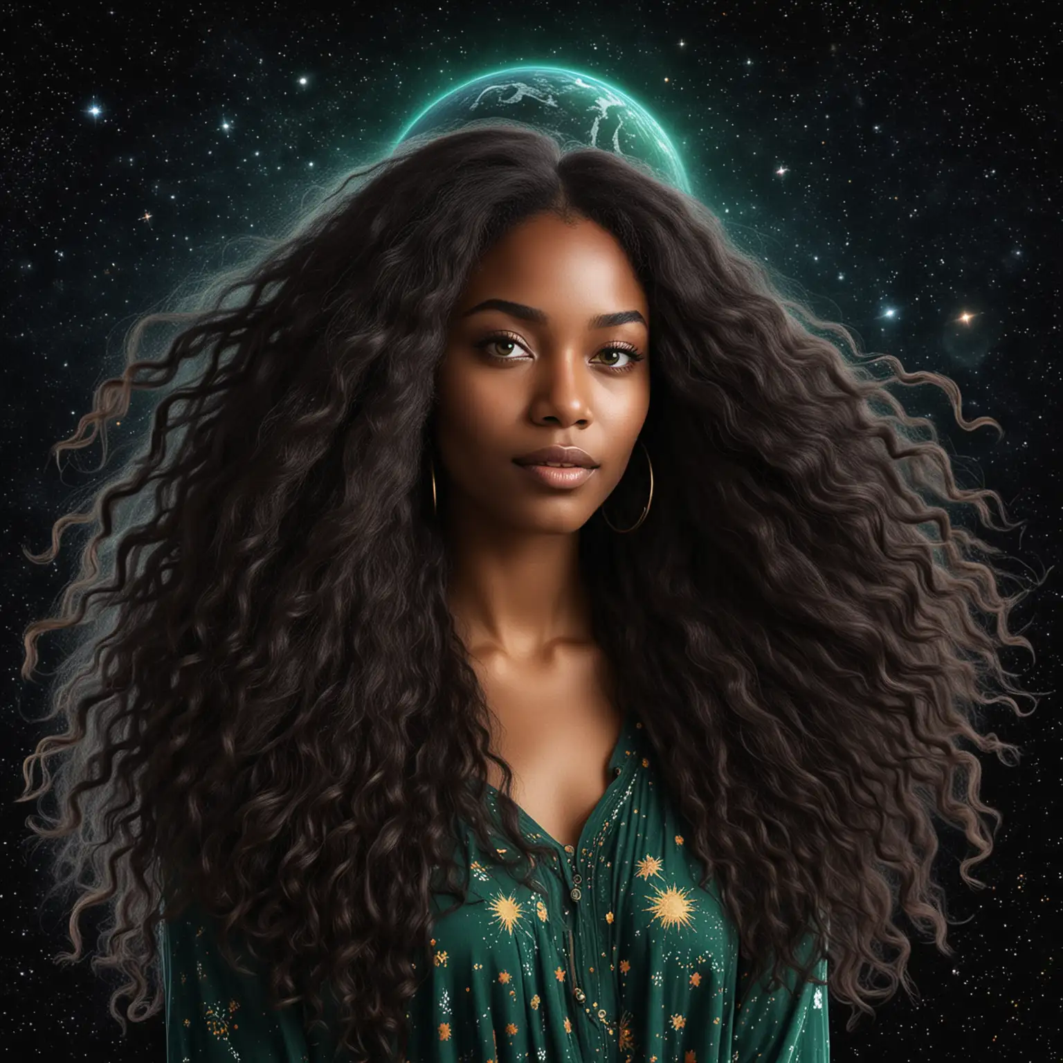Beautiful black woman with long flowing hair. She has green eyes.  She is surrounded by the cosmos  in outer space There are stars and planets against a black background. she is dressed bohemian style. This is a png graphic