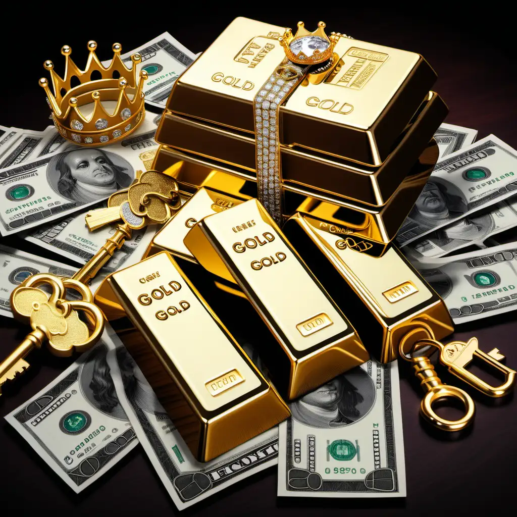 Gold Bars, Stacks of money, Diamonds, 
riches, gold crown, gold keys,