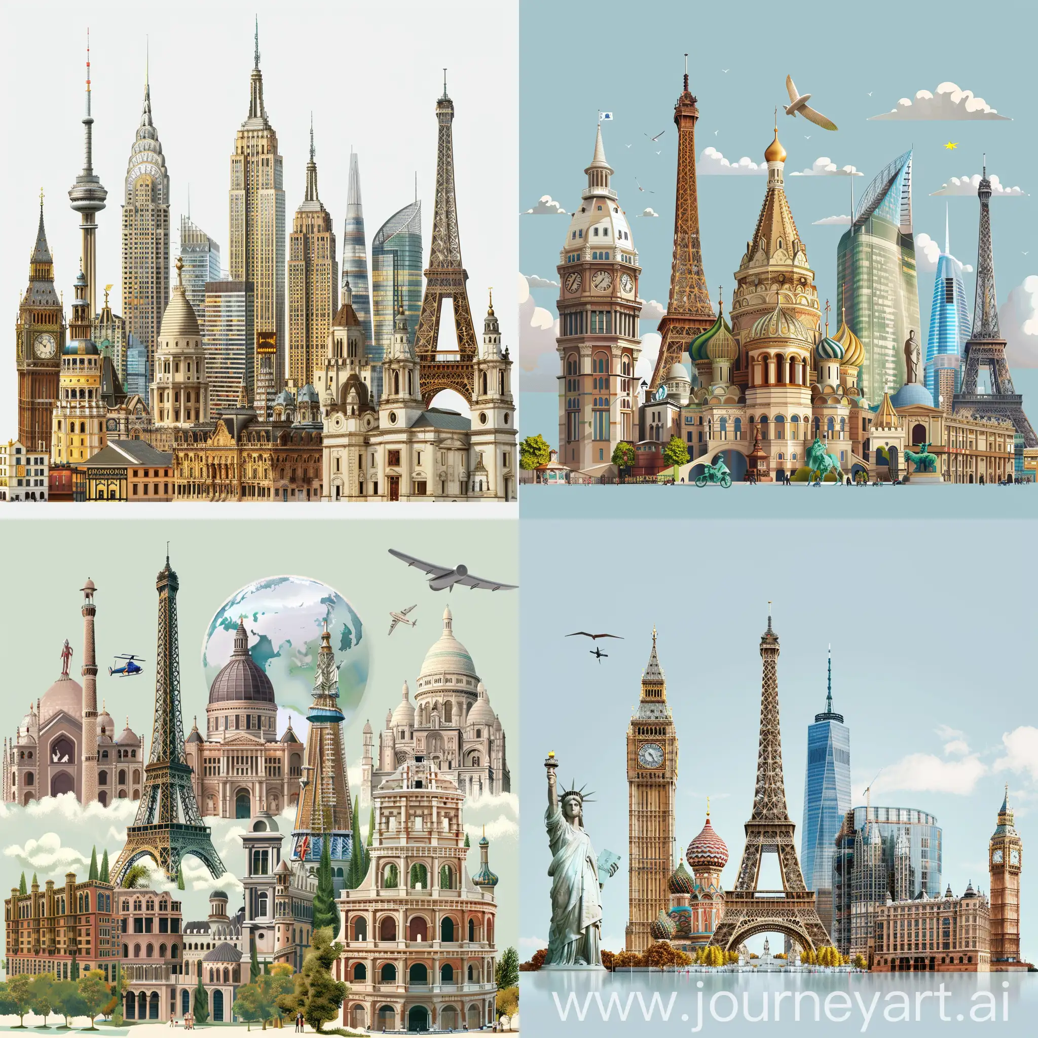  create an image in realistic style with all FAMOUST buildings IN THE WORLD
