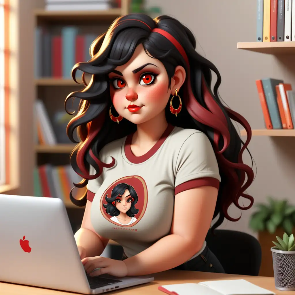 Black long wavy hair with red highlights, golden brown eyes, small pixie like nose, several earrings in ear, chubby body,  modest t-shirt, working in a home office at a desk on a laptop, bookshelves in the background, bright background