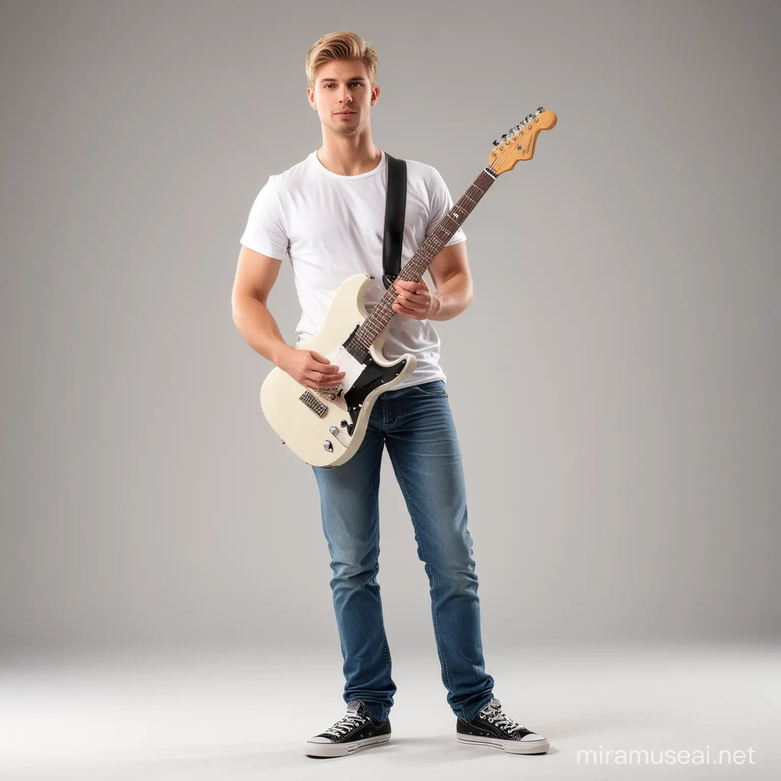 Standing photorealistic attractive blond man 25 years old in jeans and plain white t-shirt without pockets and without straps holding an electric guitar in his hand, full body front view perpendicular to the lens in a photo studio on a white background.
