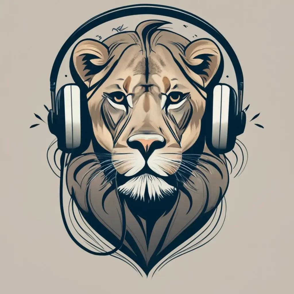 logo, The assistant generates an image of a lion with large over-ear style headphones over its ears, looking slightly confused. The background is a plain white wall., with the text "Lion in the music", typography, be used in Technology industry