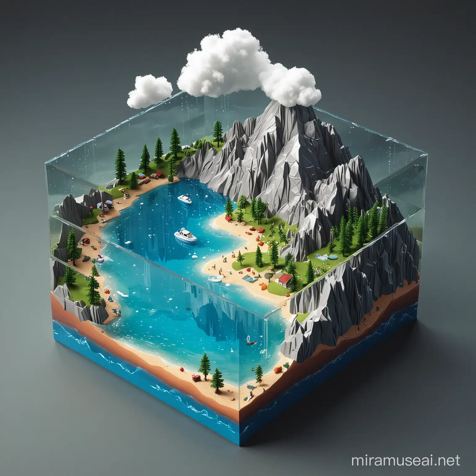 make a image of 3d isometric of hydrosphere model with the size of 25cm x 25cm. There is a mountain, a lake and a beach, a cloud, a dark cloud with rain. the base is square