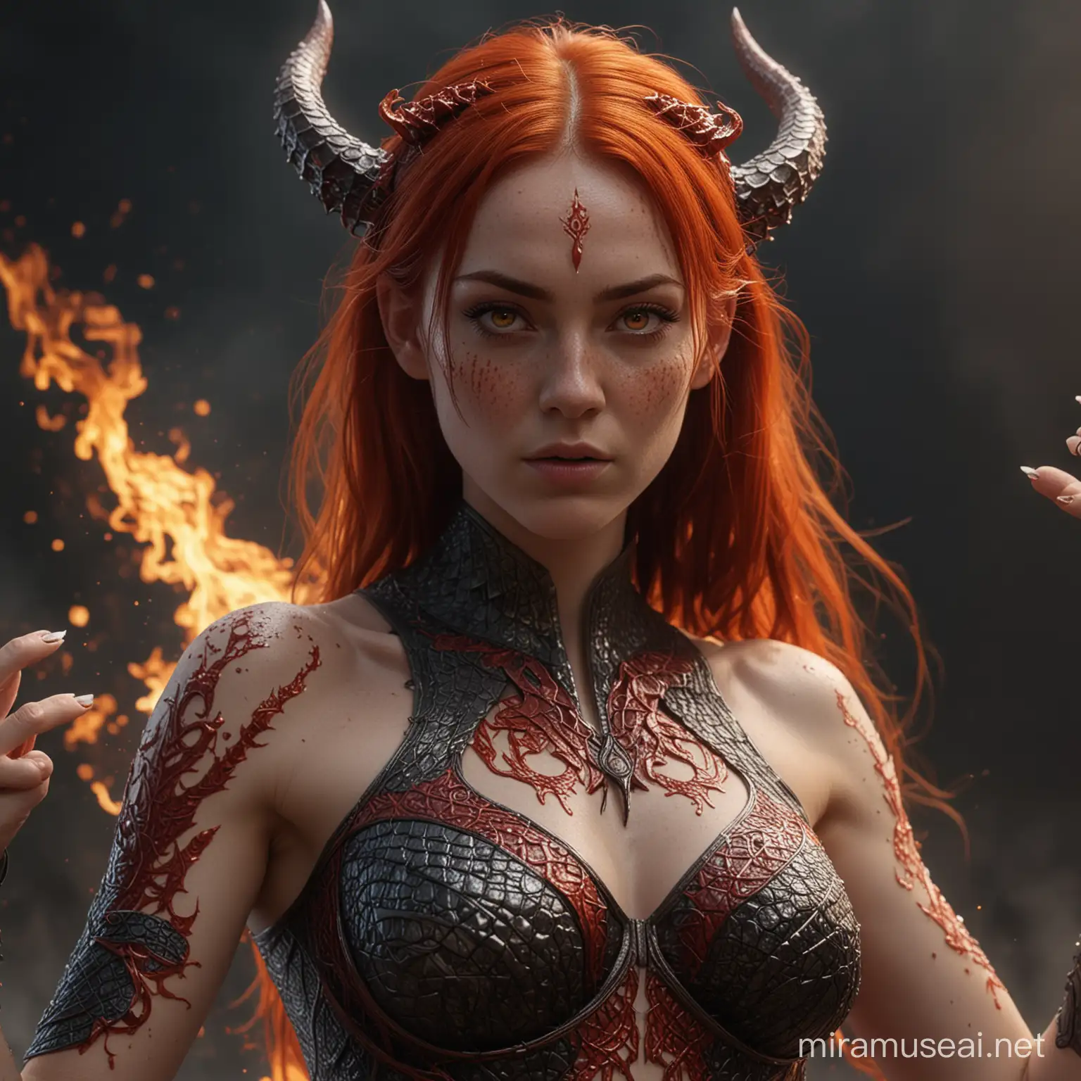 Fiery RedHaired Dragon Woman Casting Flames