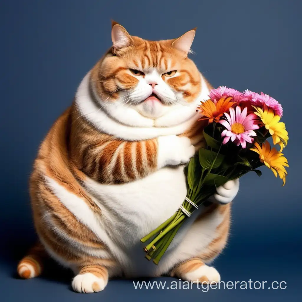 толстый смешной кот
просит прощения с цветами