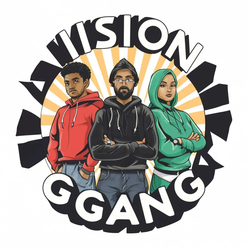 logo, Typography, Black Guys and girl standing with hoodie on,, with the text "Vision Gang", typography