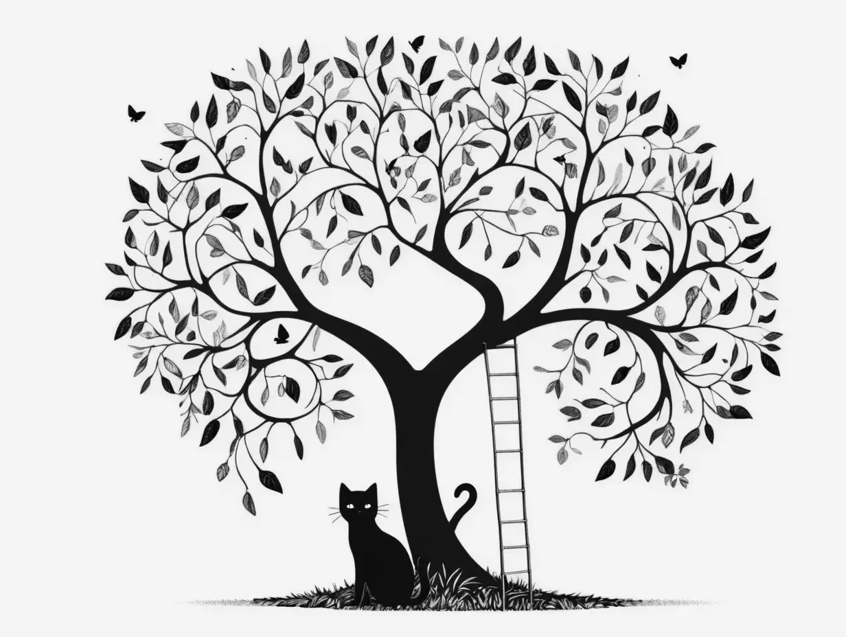 white background, minmalist, simple, black and white, tree of life, doodle, with a black cat climbing in the tree