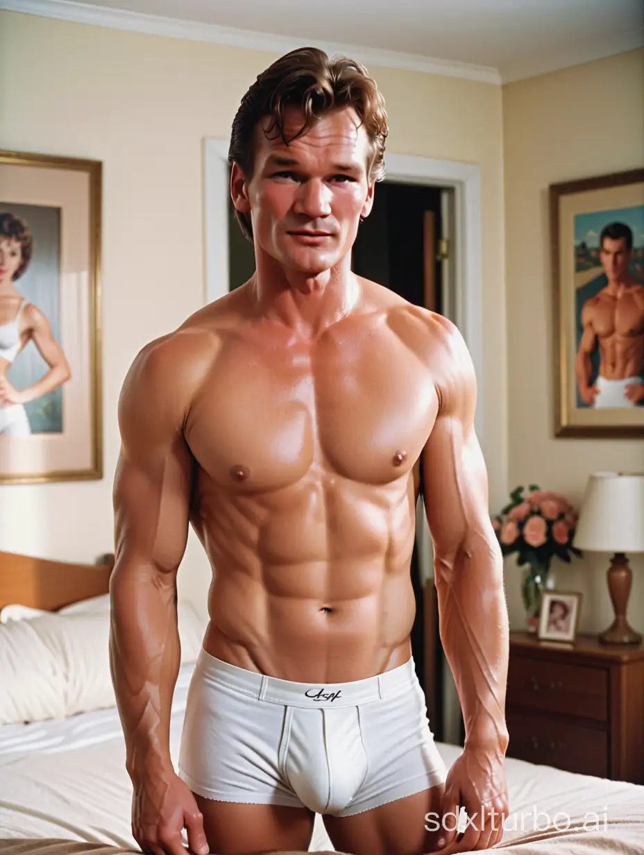 Patrick Swayze with ripped eight pack abs, shirtless in white boxers in 1950s suburban LA bedroom, face and body photo, 16k, medium shot, very high quality, very high resolution, fitness, macho, virile, masculine, sexy, youthful,