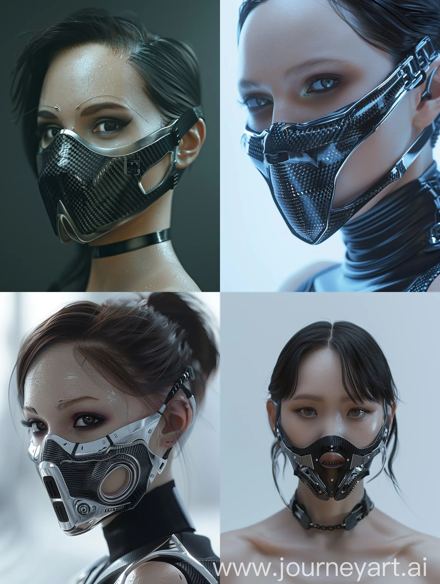 Introducing an alluring character with a cyberpunk mouth-covering mask that seamlessly blends extreme technology with exquisite details such as carbon fiber textures and aluminum accents. This mask, designed to cover only the mouth, showcases the perfect fusion of advanced cybernetic enhancements with futuristic elegance. Paired with a beautiful model exuding cyberpunk charm, the harmonious balance between high-tech elements and captivating design creates a visually striking portrayal of the cybernetic future.
