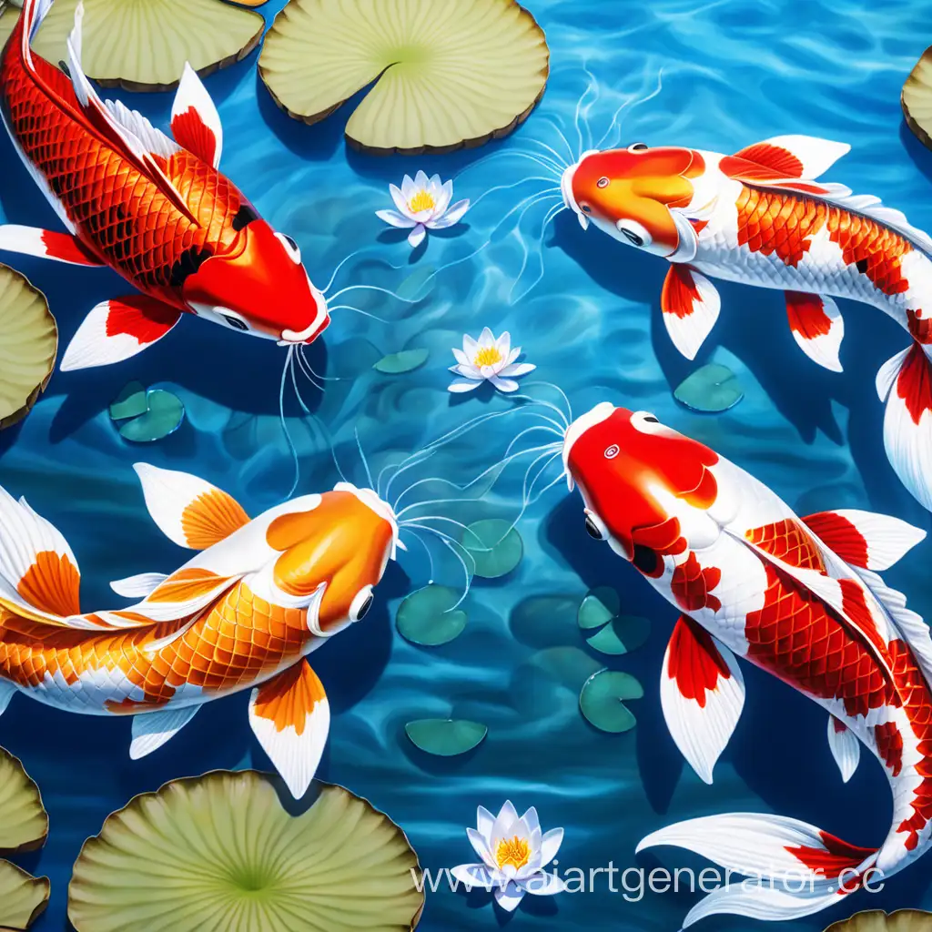 Two-Red-Koi-Fish-Swimming-in-Sunny-Pond-with-Lotus-Flower