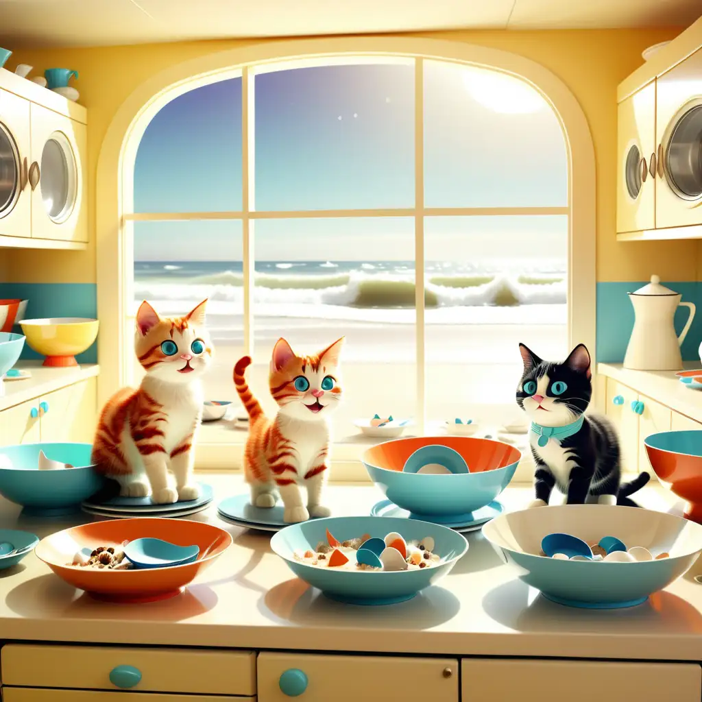 space age looking KITTIES are playing in a kitchen among the utensils and bowls and plates. There is a window open in the kitchen and it looks out on a beach, where families are playing and where surfers are enjoying the waves. The image is happy and bright and retro-looking with the space age cat theme. 