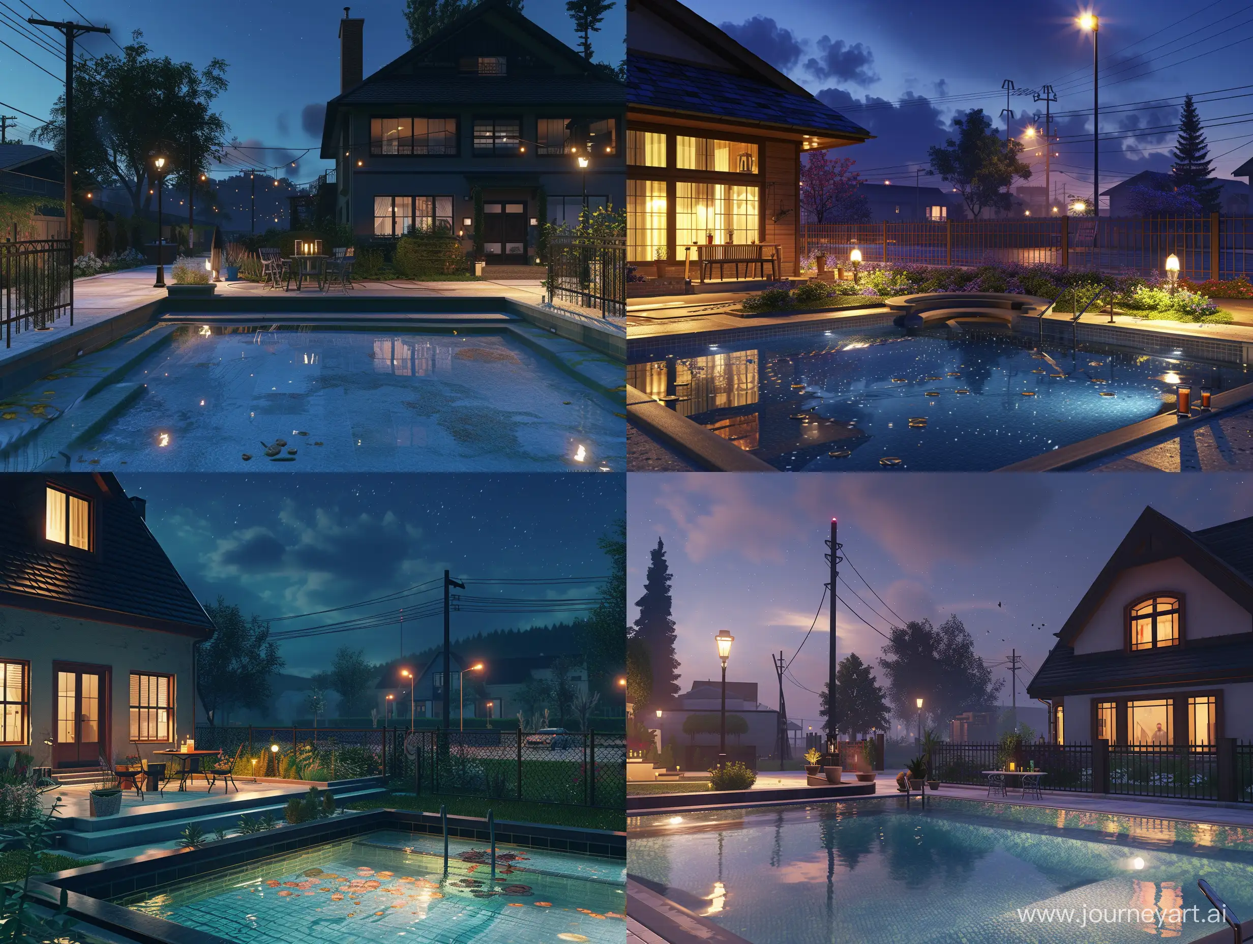 Beautiful-American-Style-Large-House-at-Night-with-Swimming-Pool-and-Gardens