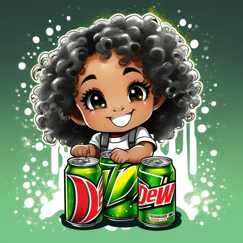 Chibi toddler with curly hair that's in two ponytails with red bows sitting on a can of mountain dew she is smiling the background is smokey green and grey lots of bright colors and crisp details the can has condensation drops on the outside from being in the cold