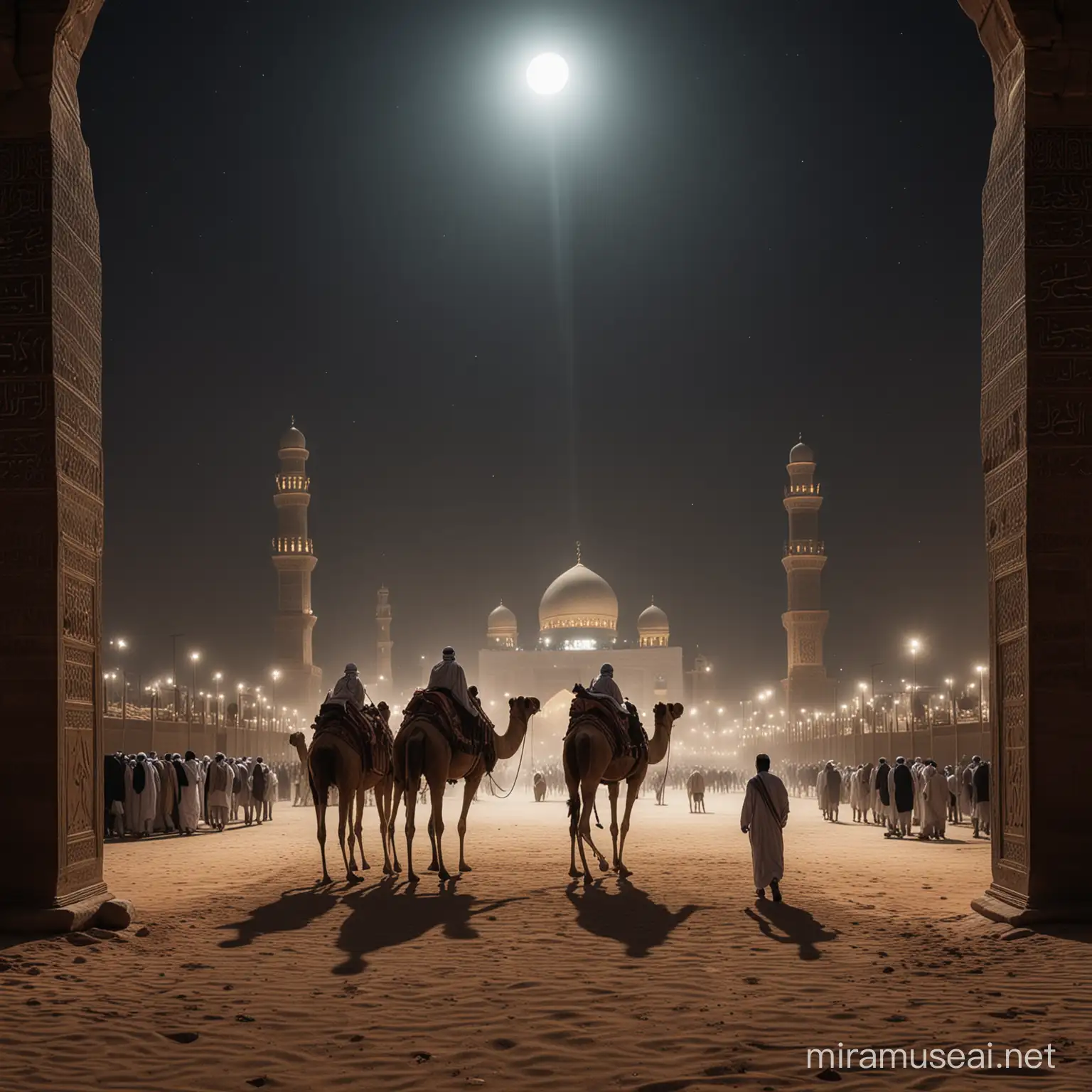 Moonlit Scene of Ancient Muslim Warrior Playing with Children near the Kaaba